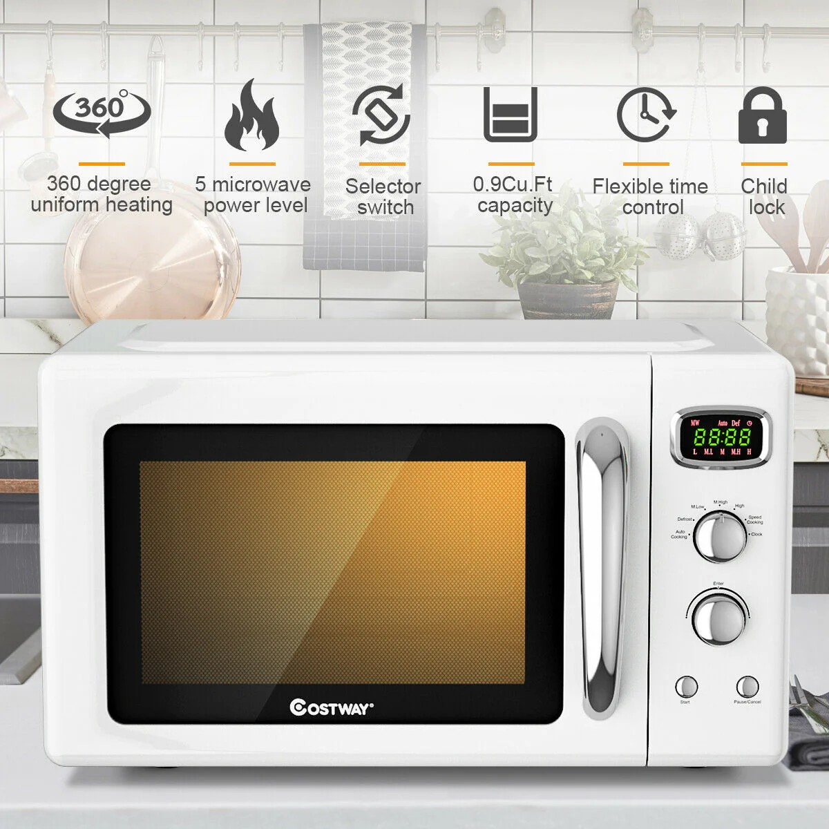 0.9 Cu.ft Retro Countertop Compact Microwave Oven, White - Image 9