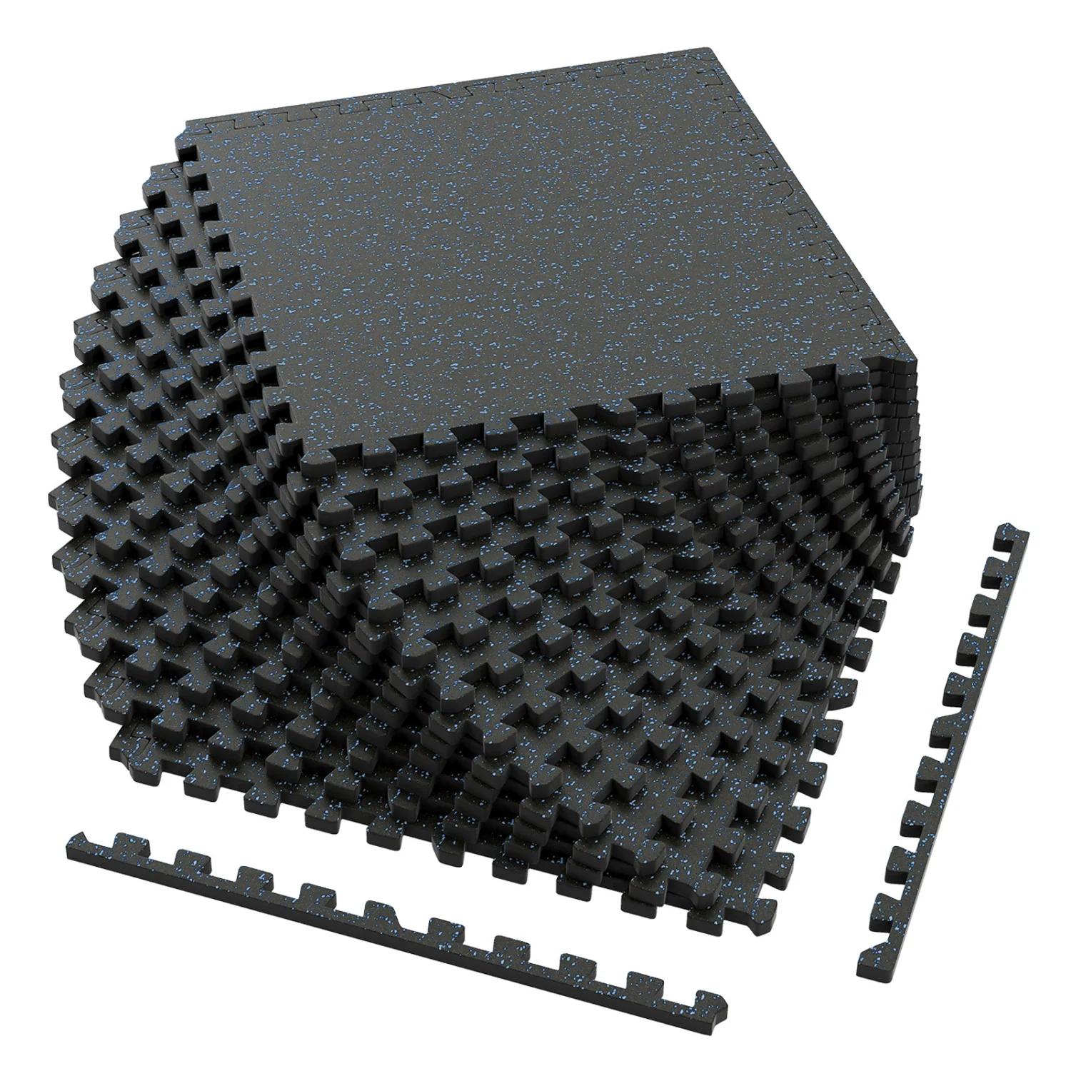 0.79 inch Thick Rubber Top Exercise Mat 48 Sq Ft with Boarders, Black & Blue