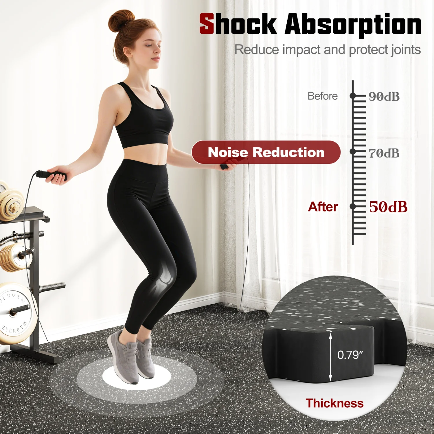 0.79 inch Thick Rubber Top Exercise Mat 48 Sq Ft with Boarders, Black - Image 6