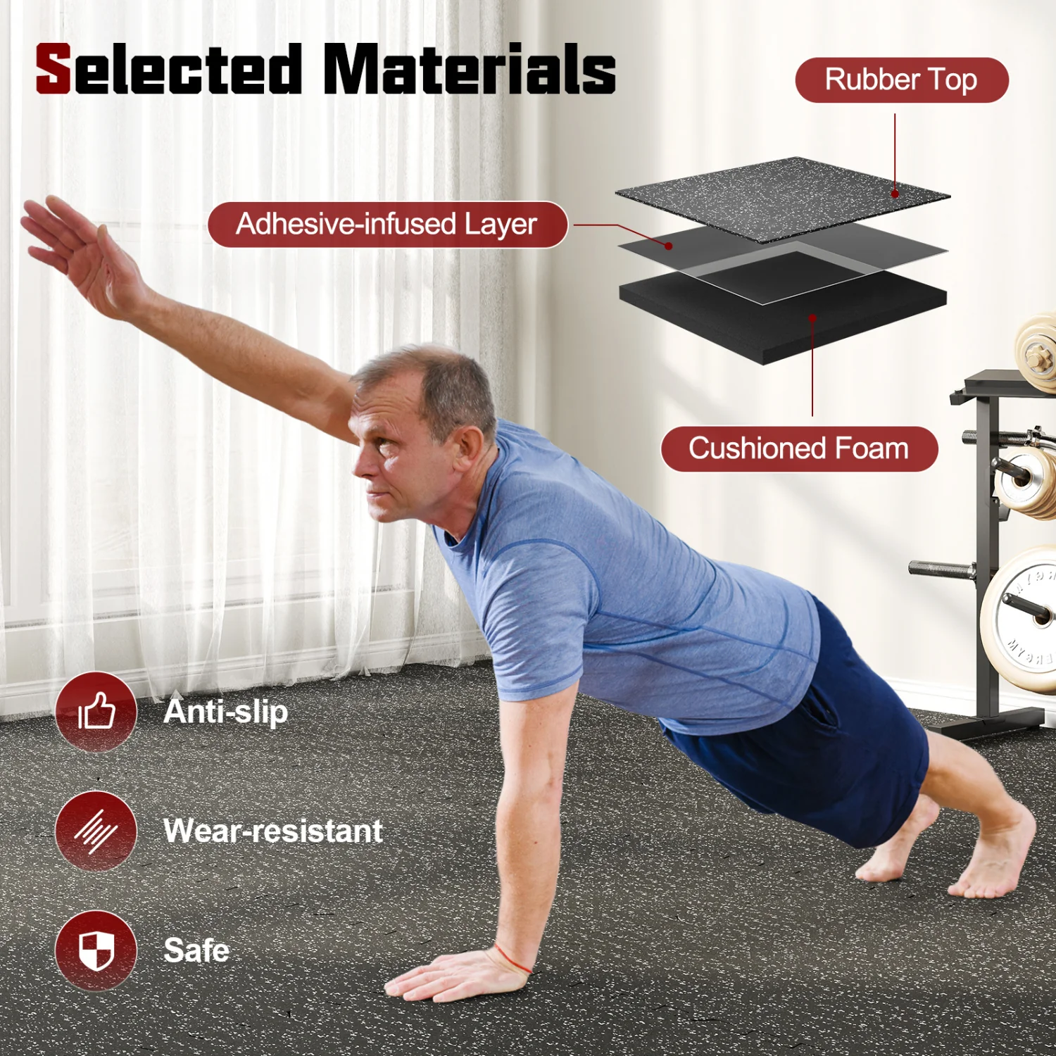 0.79 inch Thick Rubber Top Exercise Mat 48 Sq Ft with Boarders, Black - Image 7