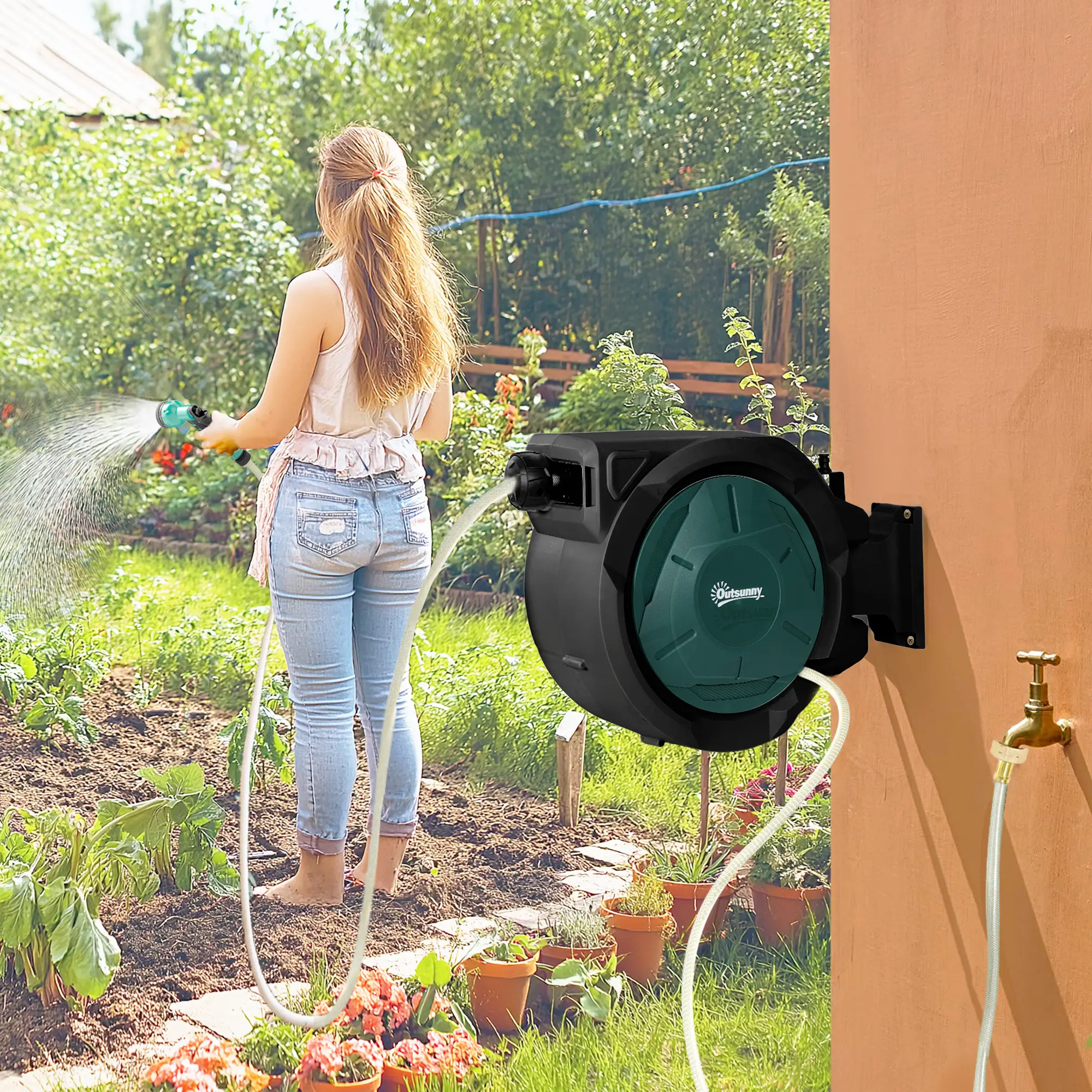 1/2 in x 100ft Wall Mounted Garden Hose Reel, Auto Rewind, Black - Image 2
