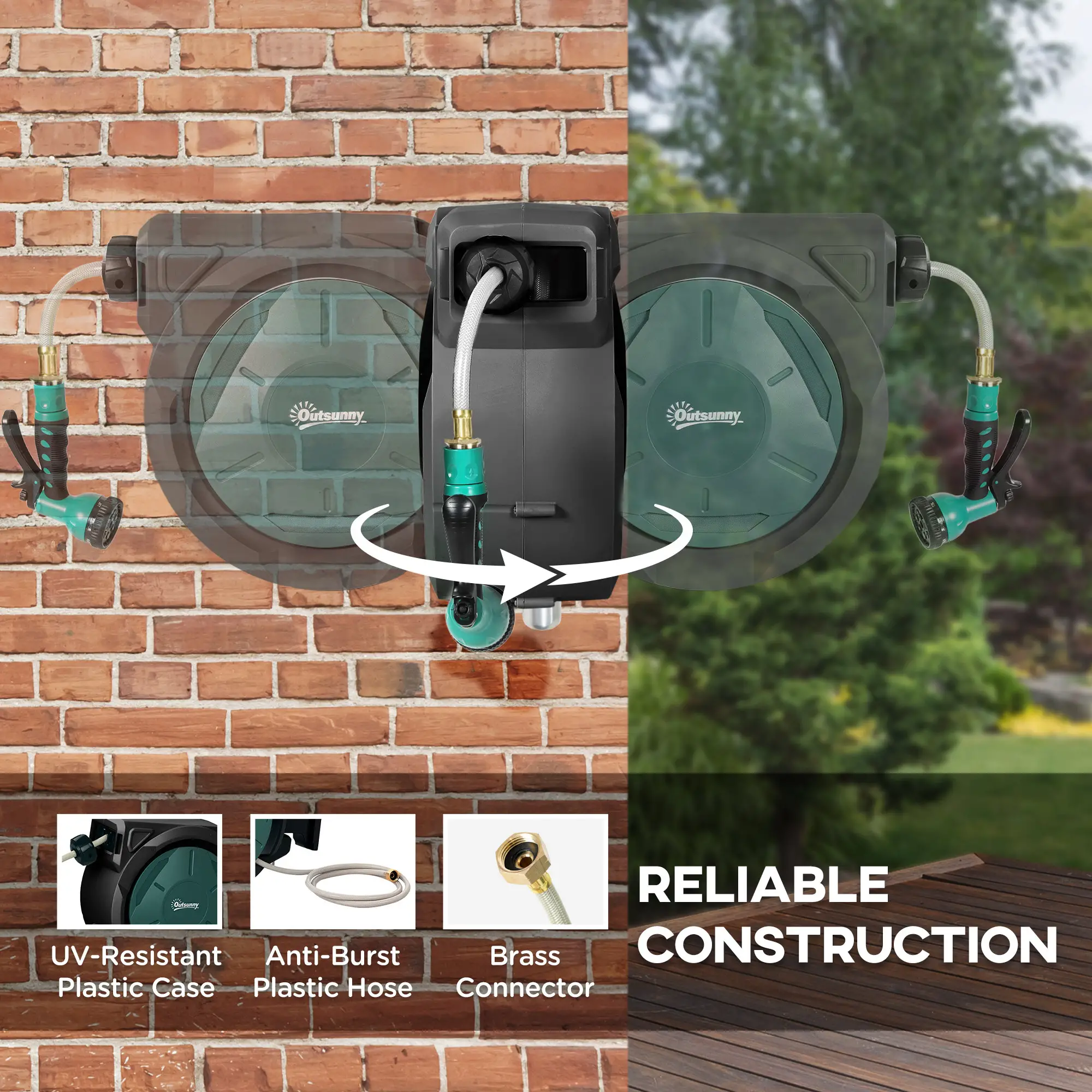 1/2 in x 100ft Wall Mounted Garden Hose Reel, Auto Rewind, Black - Image 5