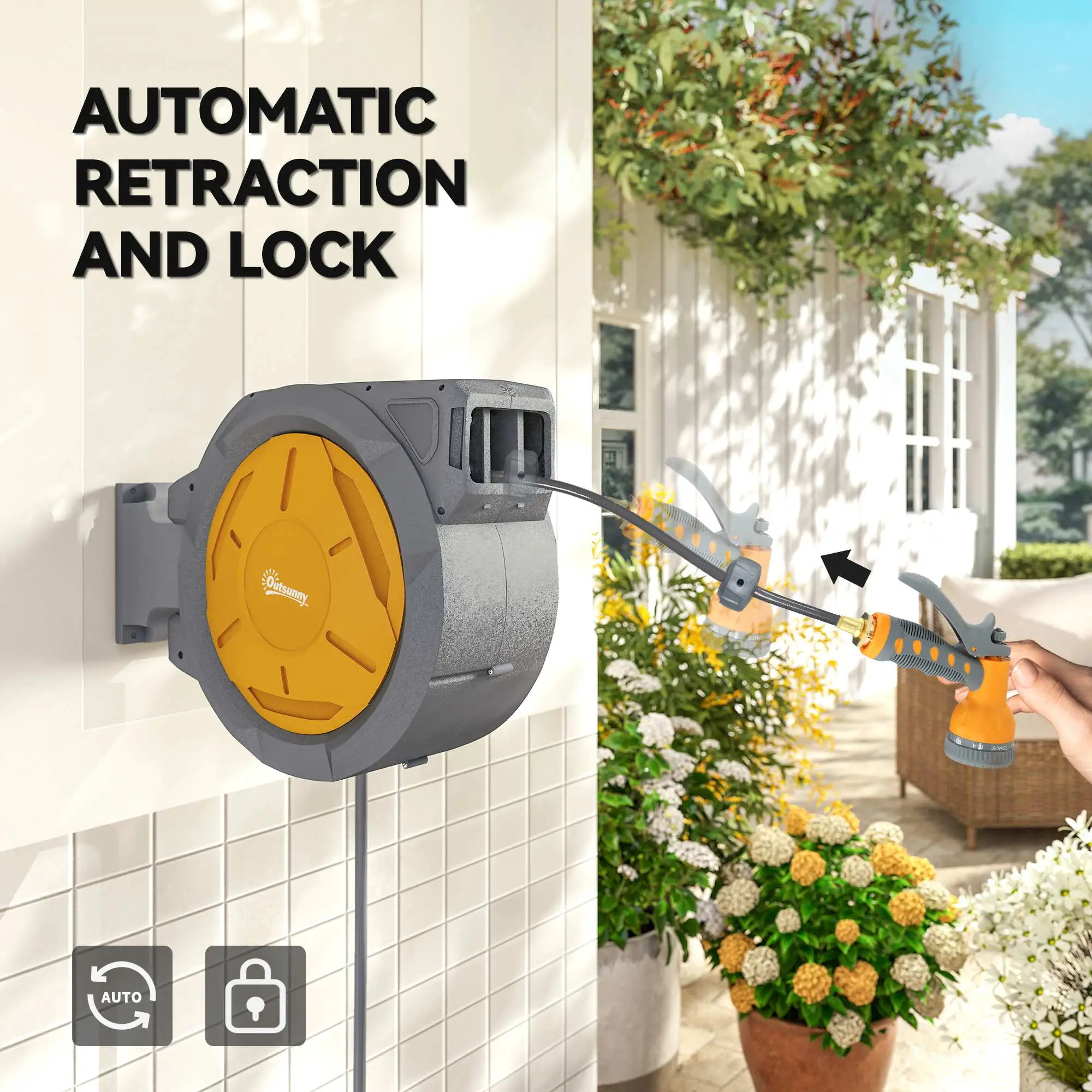 1/2 in x 100ft Wall Mounted Garden Hose Reel, Auto Rewind, Orange - Image 6