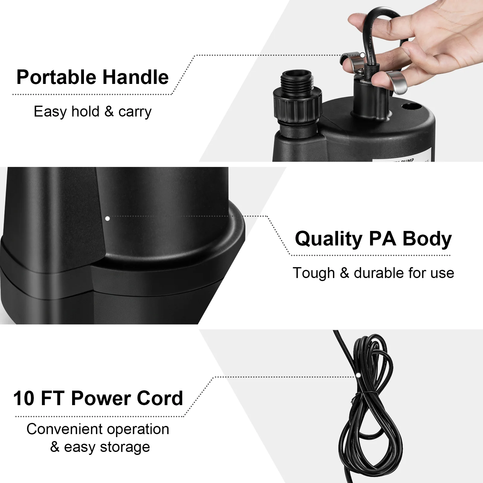 1/3HP 2400GPH Submersible Utility Pump, 10 FT Cord, Black - Image 10