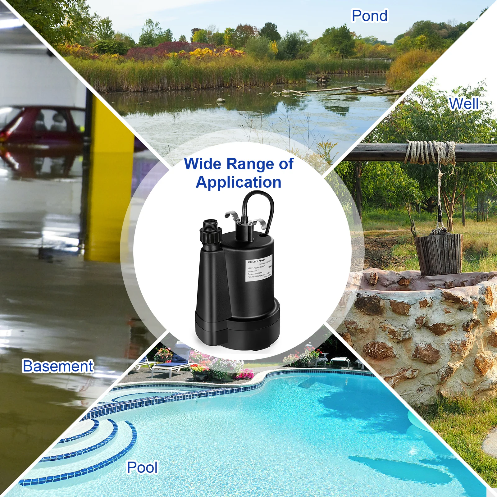 1/3HP 2400GPH Submersible Utility Pump, 10 FT Cord, Black - Image 3