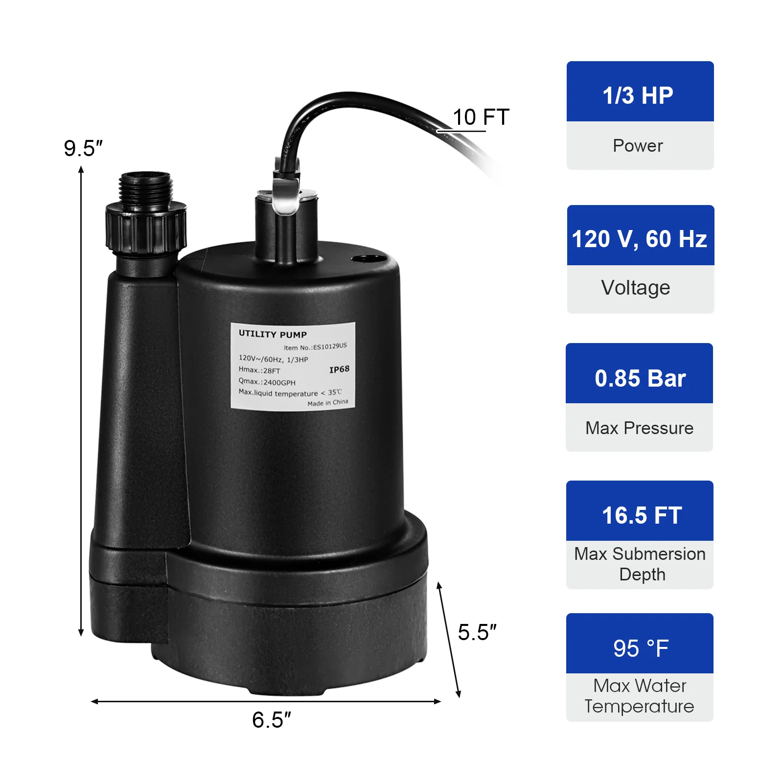 1/3HP 2400GPH Submersible Utility Pump, 10 FT Cord, Black - Image 5