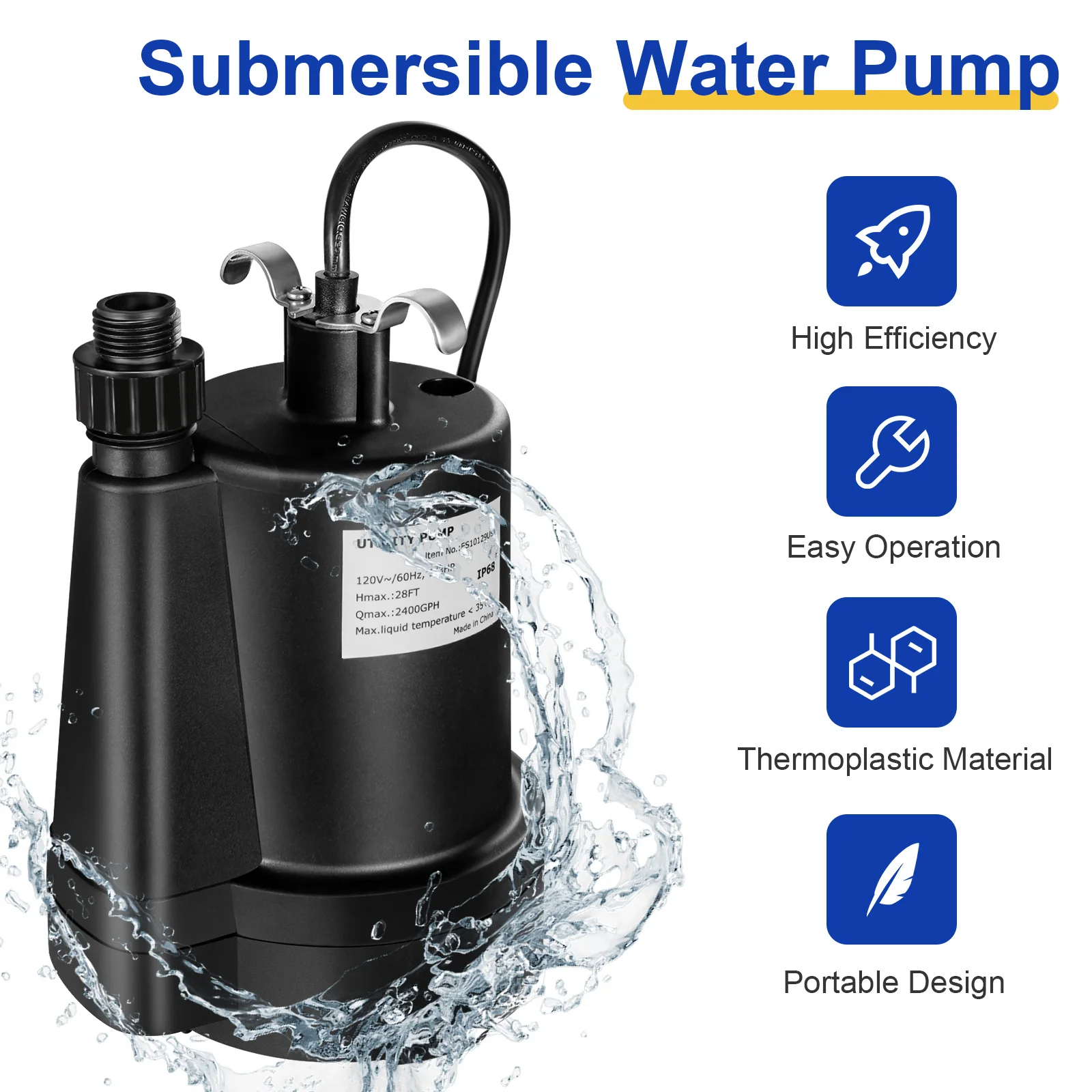 1/3HP 2400GPH Submersible Utility Pump, 10 FT Cord, Black - Image 6