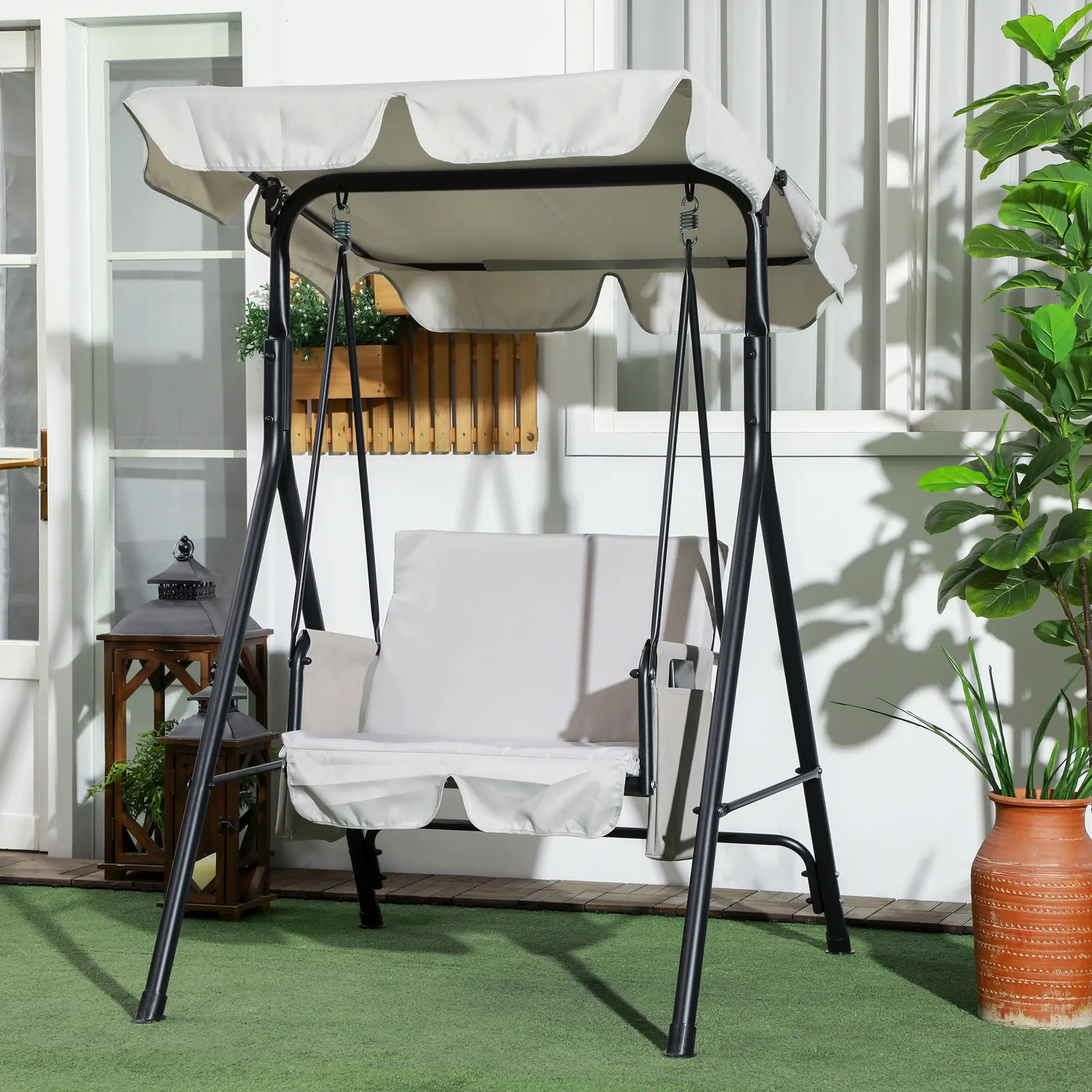 1-Seat Outdoor Porch Swing Patio Swing with Adjustable Canopy, Removable Seat and Back Cushion for Garden, Poolside - Image 2