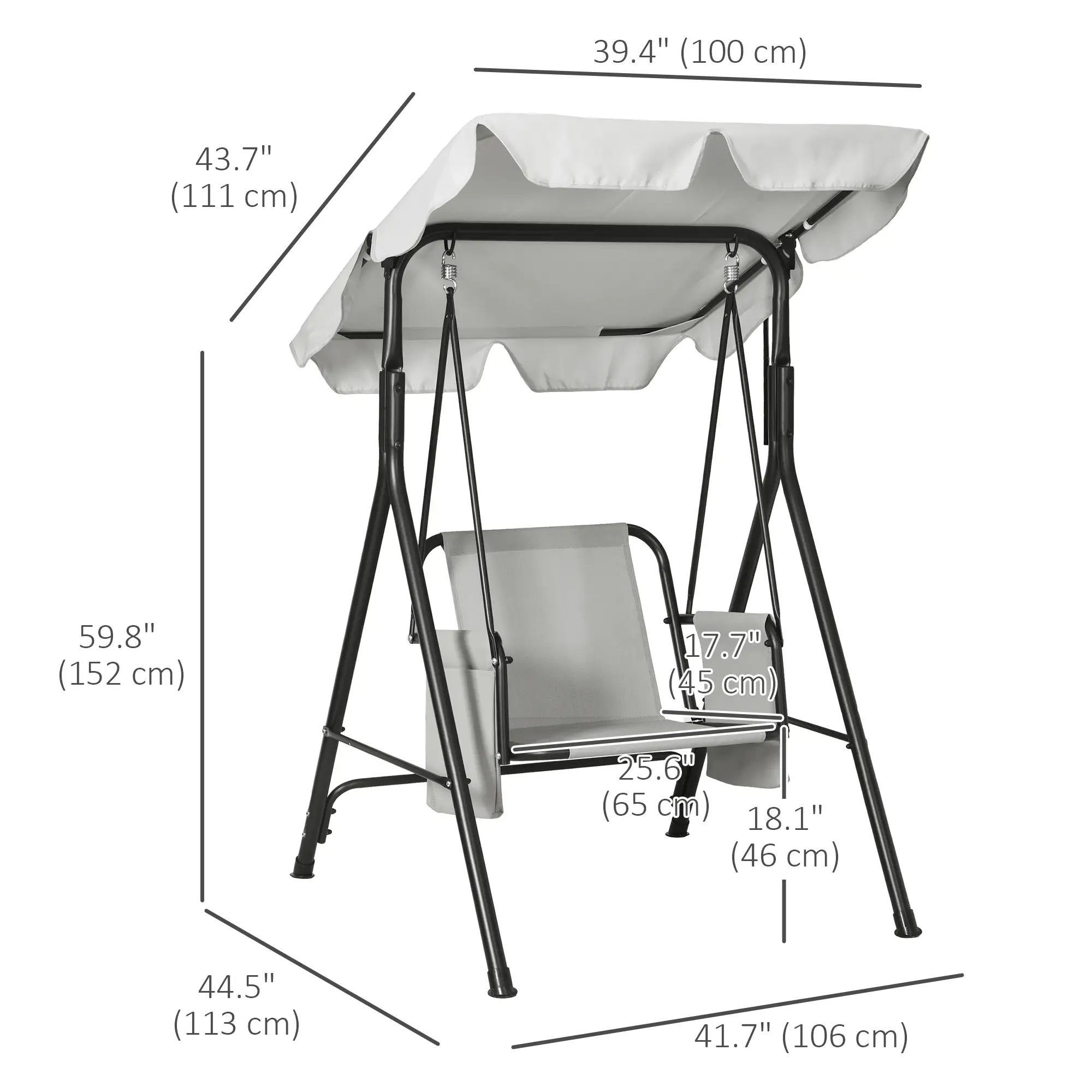 1-Seat Outdoor Porch Swing Patio Swing with Adjustable Canopy, Removable Seat and Back Cushion for Garden, Poolside - Image 3
