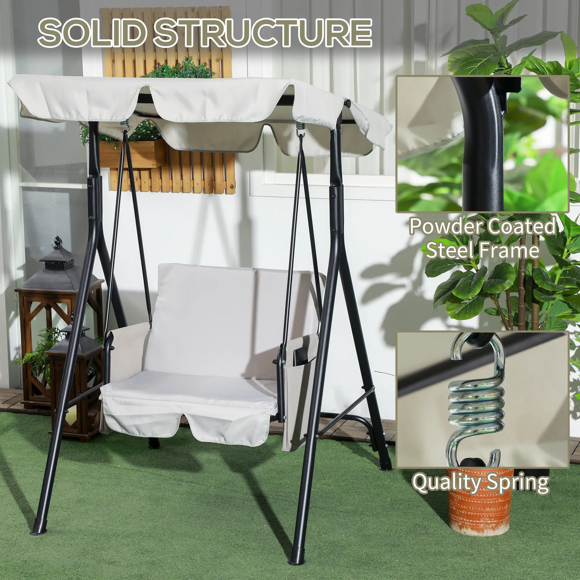 1-Seat Outdoor Porch Swing Patio Swing with Adjustable Canopy, Removable Seat and Back Cushion for Garden, Poolside - Image 4
