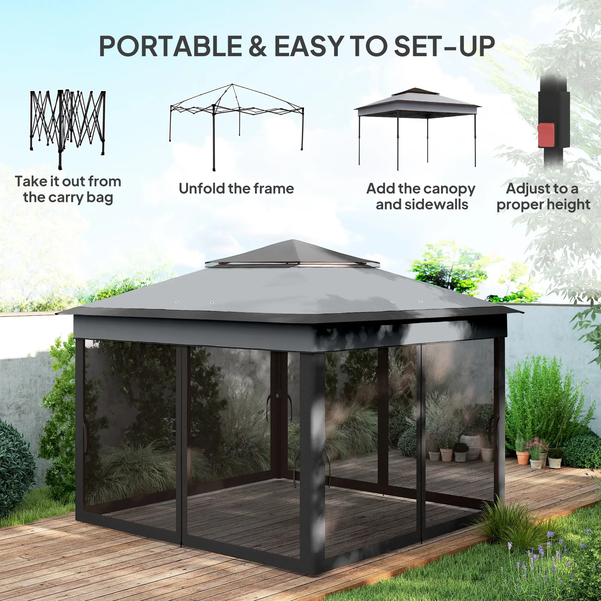 10.7 x 10.7ft Pop Up Gazebo, Adjustable Sun Shelter, Dark Grey - Image 4