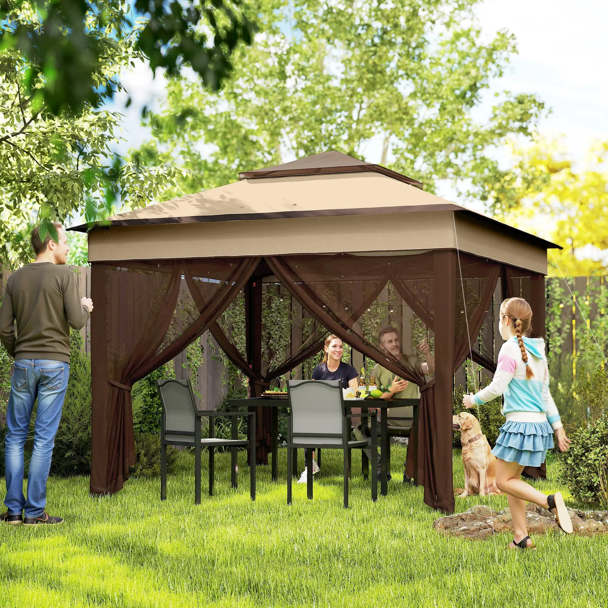 10.7 x 10.7ft Pop Up Gazebo, Adjustable Sun Shelter, UV30+ Roof, Removable Mesh Curtains, Beige - Image 2