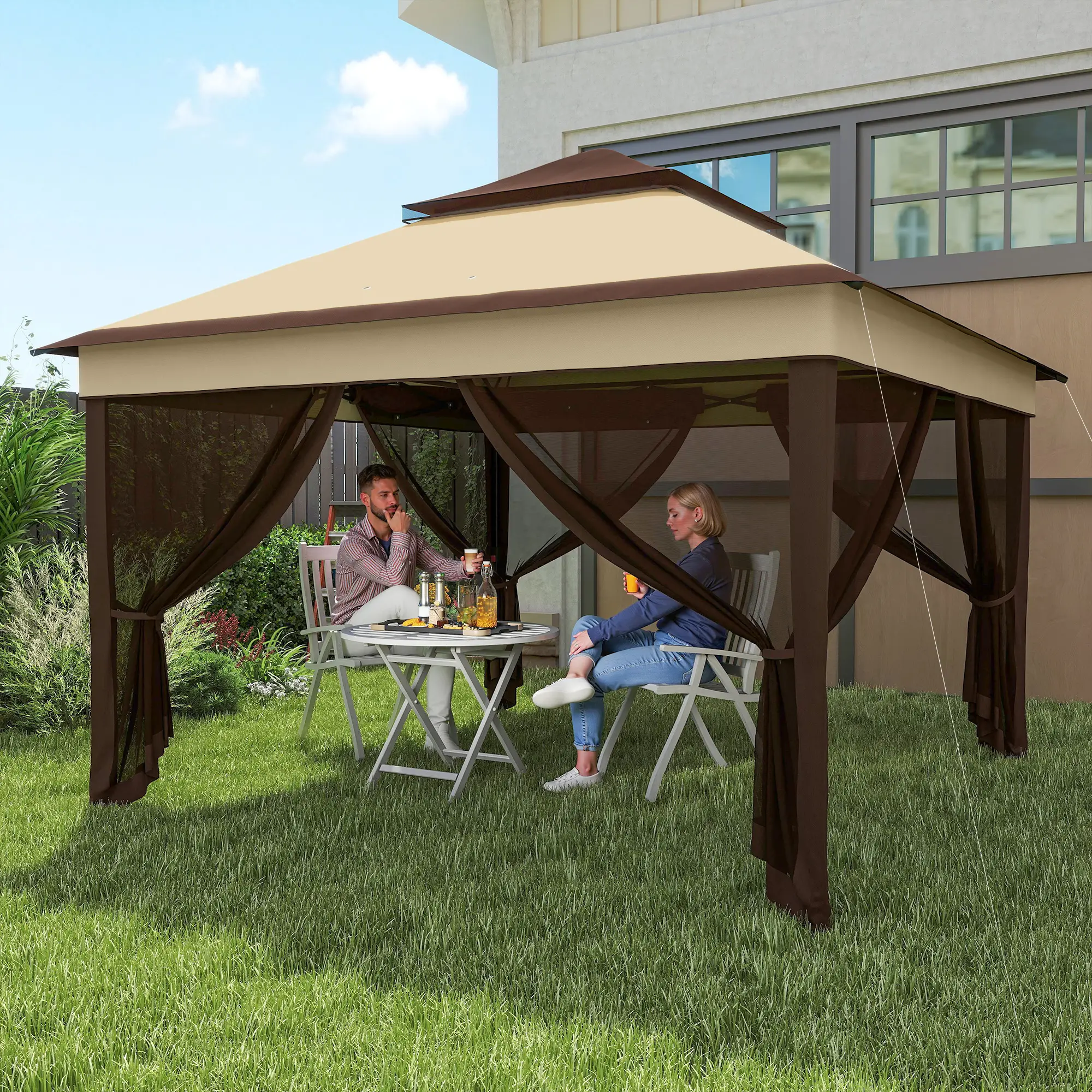 10.7 x 10.7ft Pop Up Gazebo, UV30+ Roof, Removable Mesh Curtains, Beige - Image 2