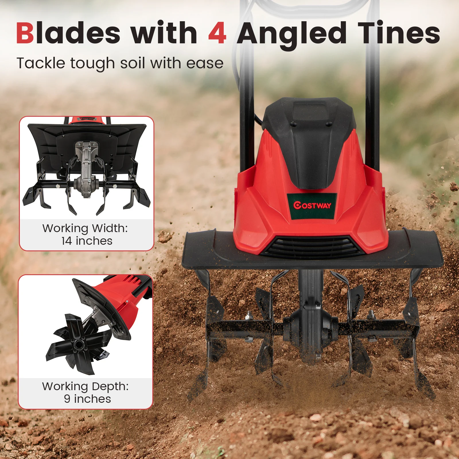 10 Amp Powerful Corded Electric Tiller Cultivator with Safety Lock, Red - Image 10