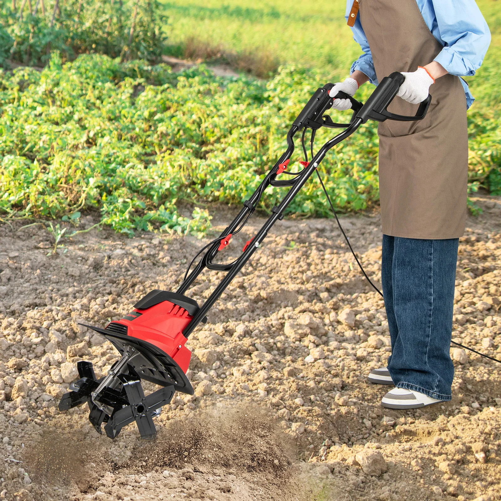 10 Amp Powerful Corded Electric Tiller Cultivator with Safety Lock, Red - Image 2