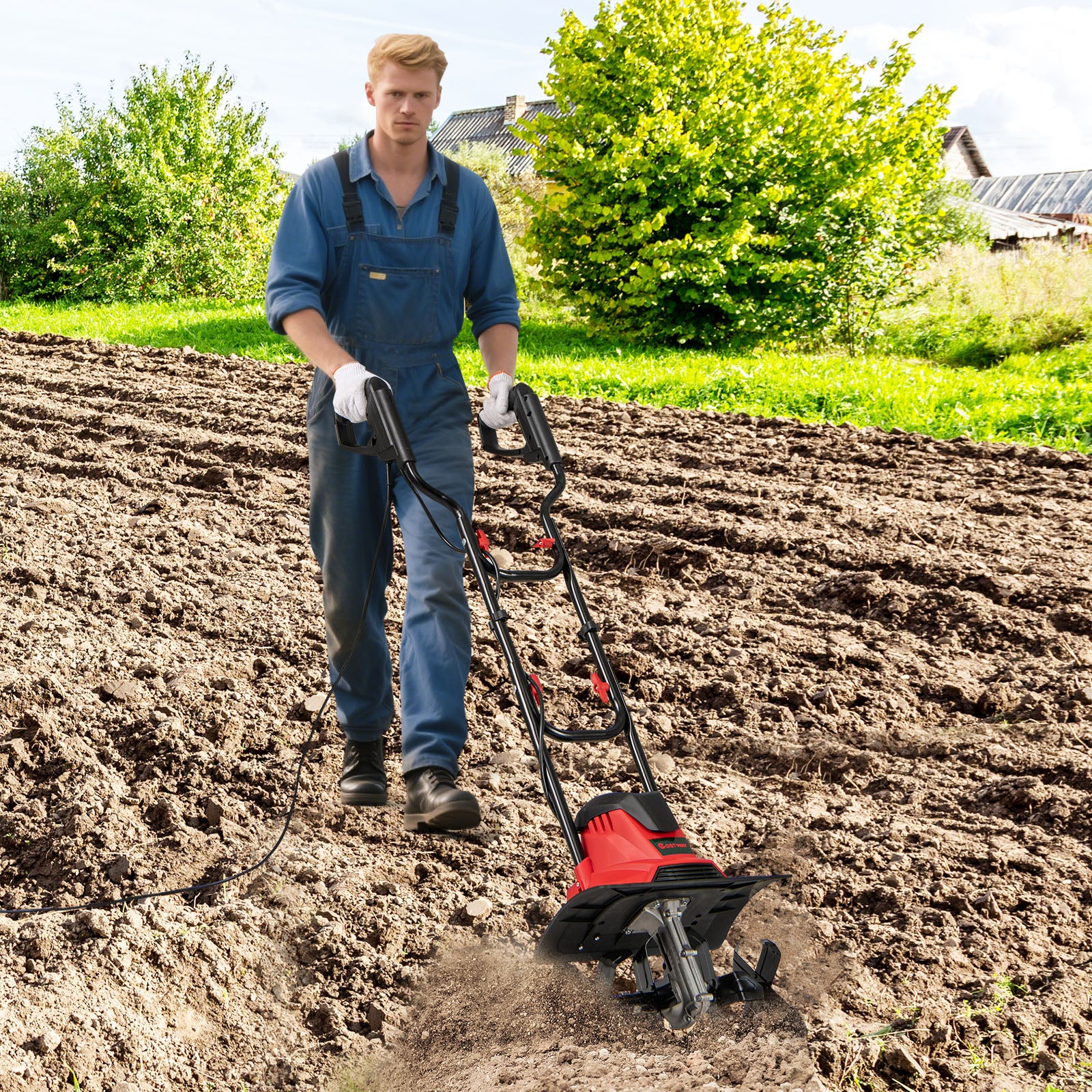 10 Amp Powerful Corded Electric Tiller Cultivator with Safety Lock, Red - Image 3