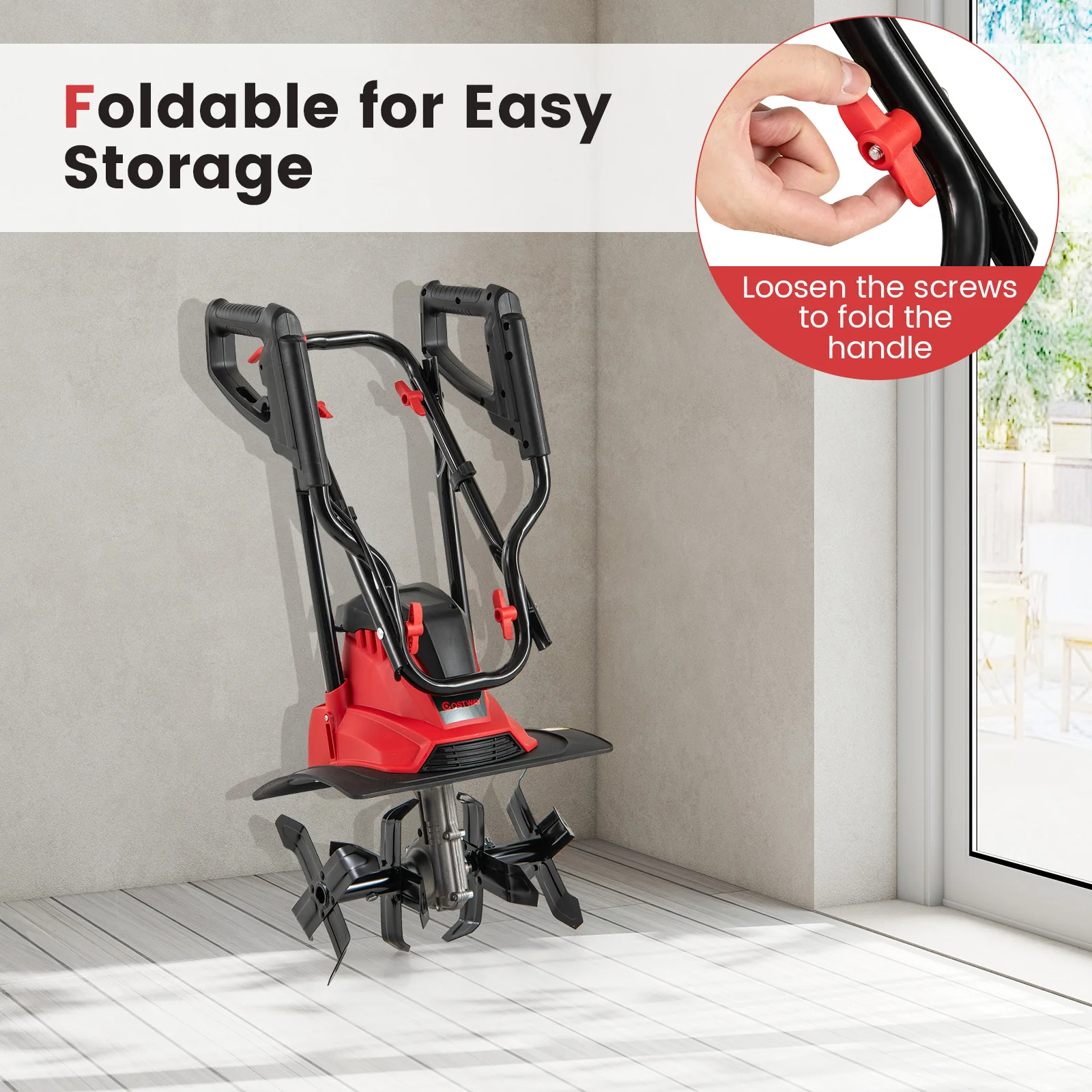 10 Amp Powerful Corded Electric Tiller Cultivator with Safety Lock, Red - Image 7
