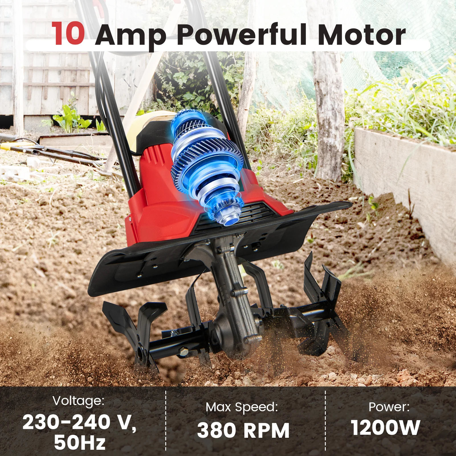 10 Amp Powerful Corded Electric Tiller Cultivator with Safety Lock, Red - Image 9