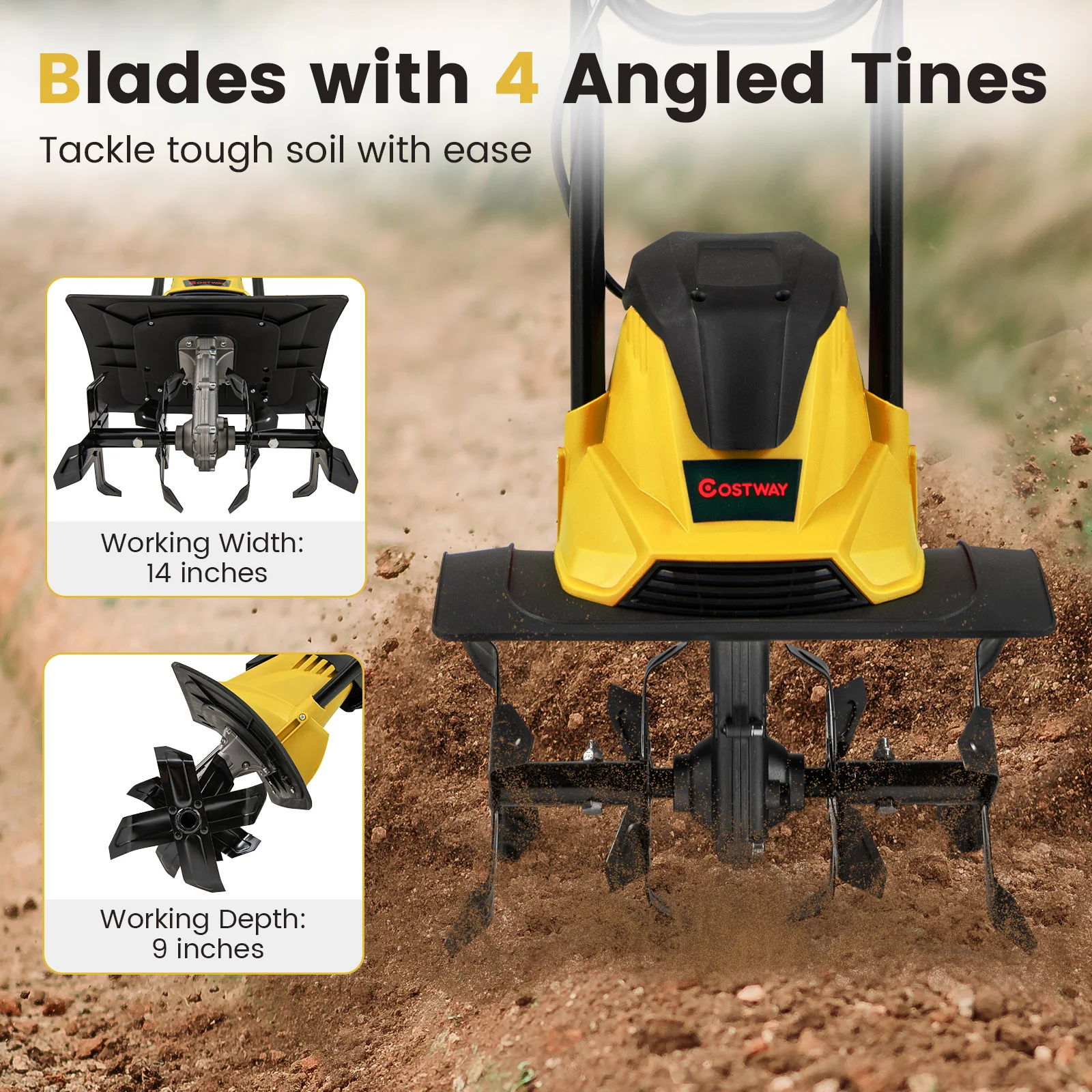 10 Amp Powerful Corded Electric Tiller Cultivator with Safety Lock, Yellow - Image 10