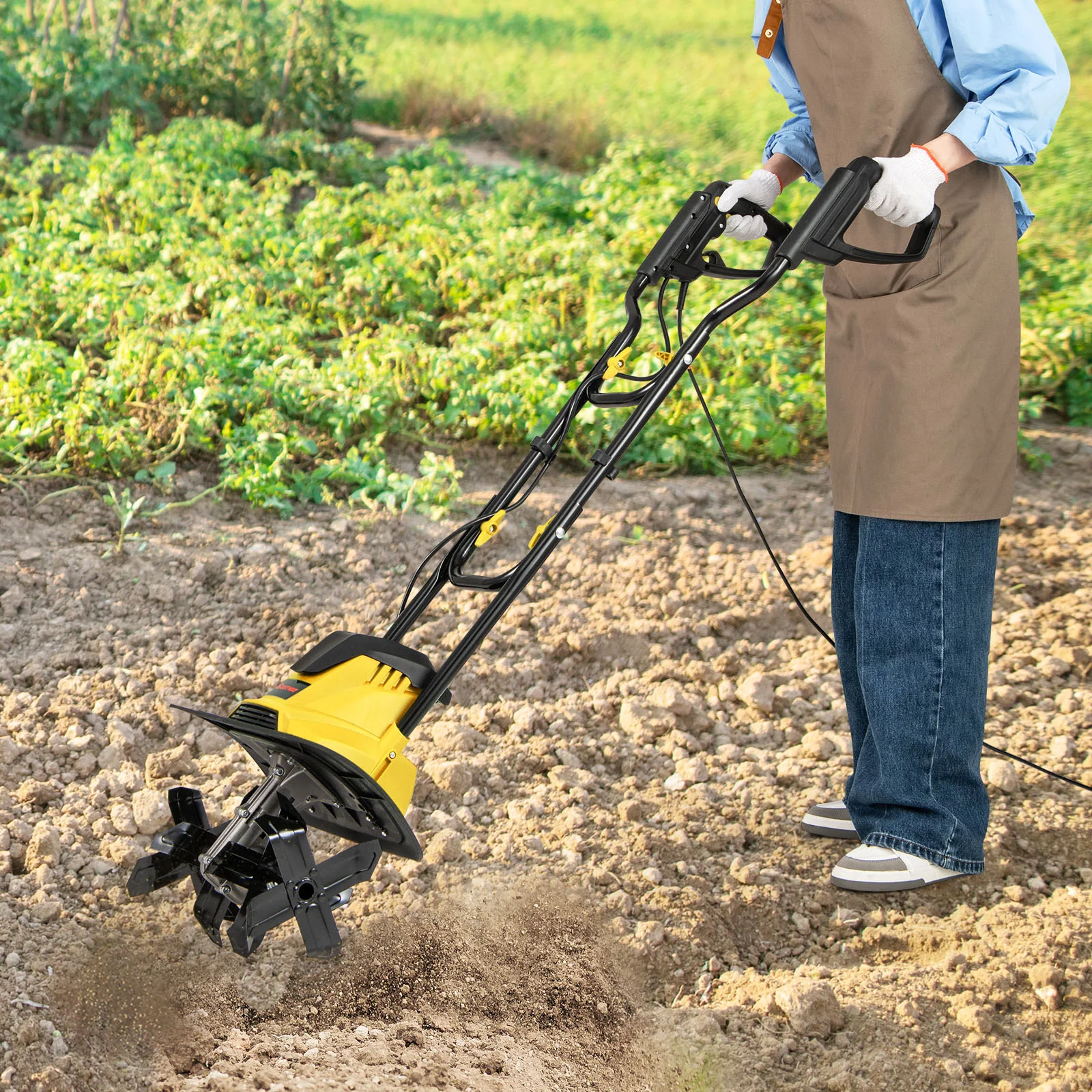 10 Amp Powerful Corded Electric Tiller Cultivator with Safety Lock, Yellow - Image 2