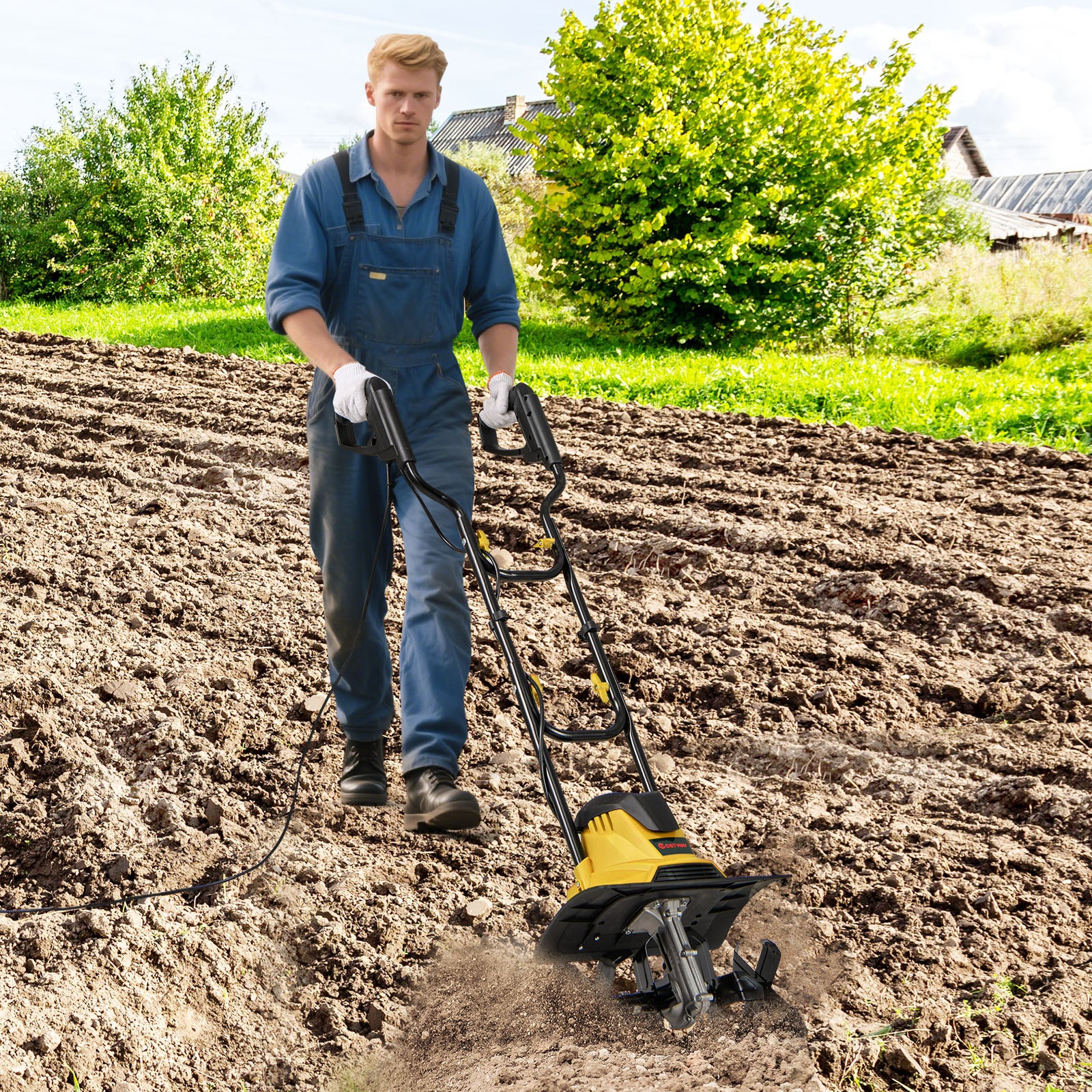 10 Amp Powerful Corded Electric Tiller Cultivator with Safety Lock, Yellow - Image 3