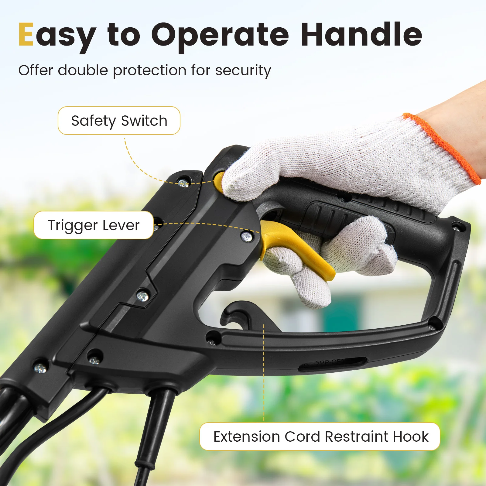 10 Amp Powerful Corded Electric Tiller Cultivator with Safety Lock, Yellow - Image 8