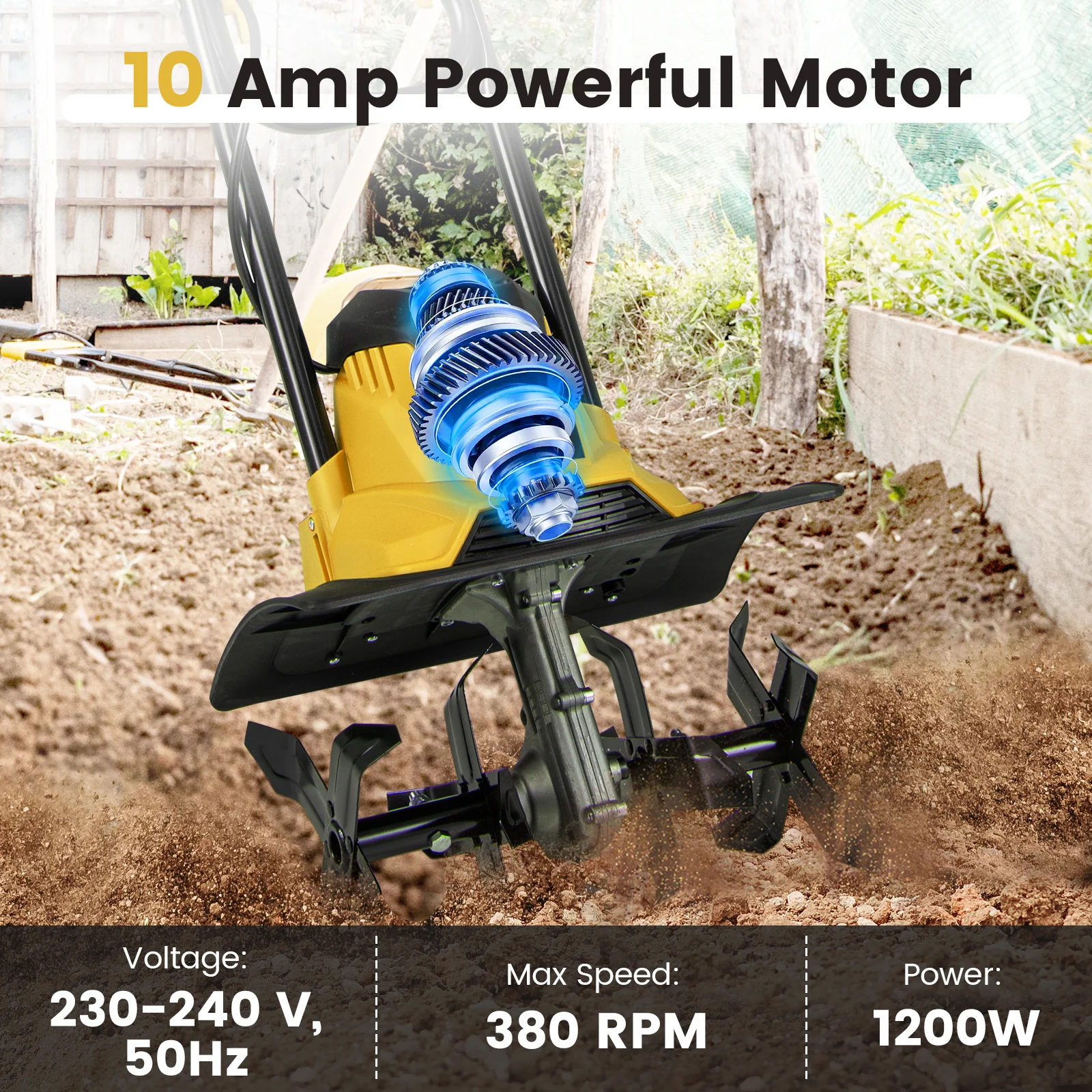 10 Amp Powerful Corded Electric Tiller Cultivator with Safety Lock, Yellow - Image 9