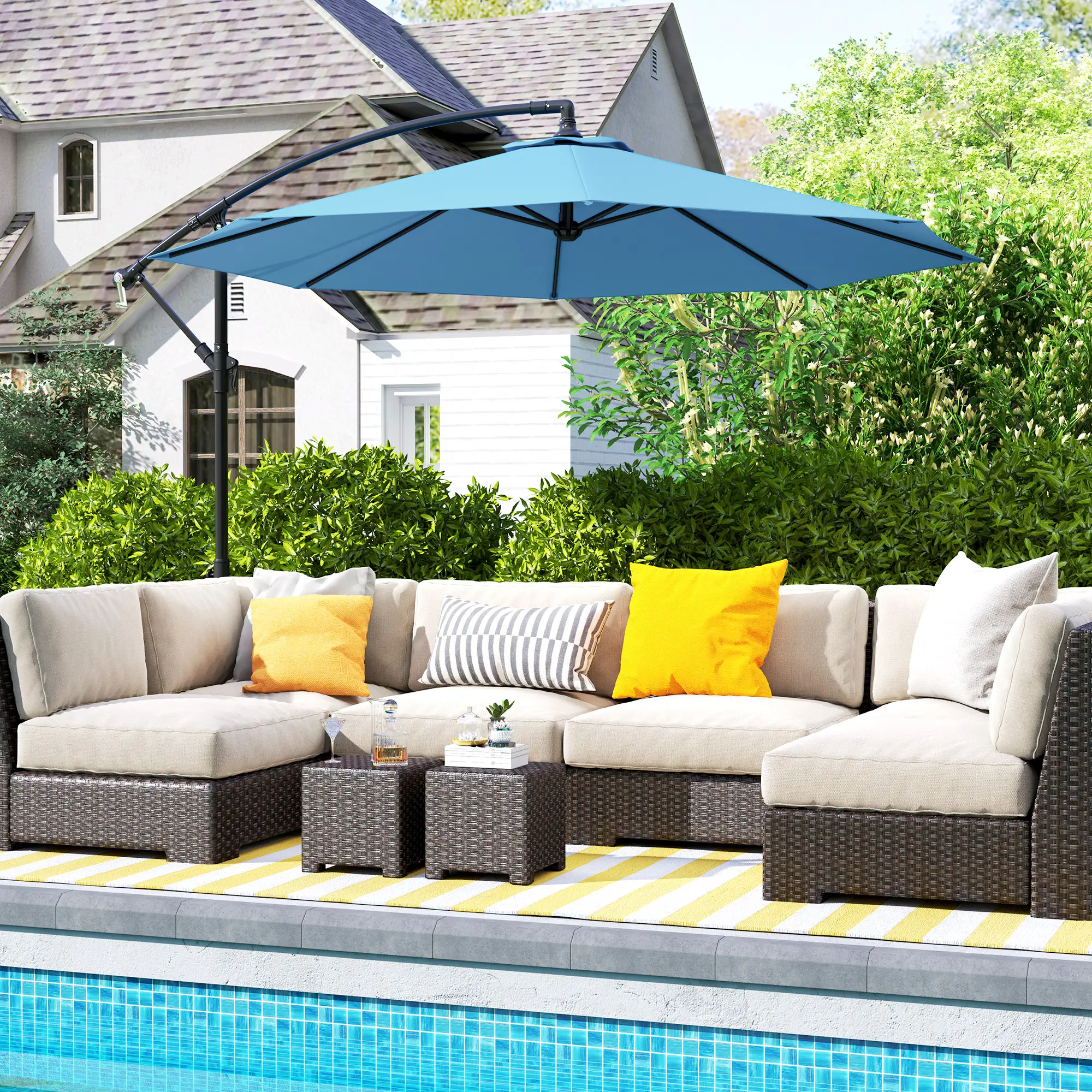 10' Blue Deluxe Patio Umbrella, Offset Sunshade With Crank, Blue - Image 2