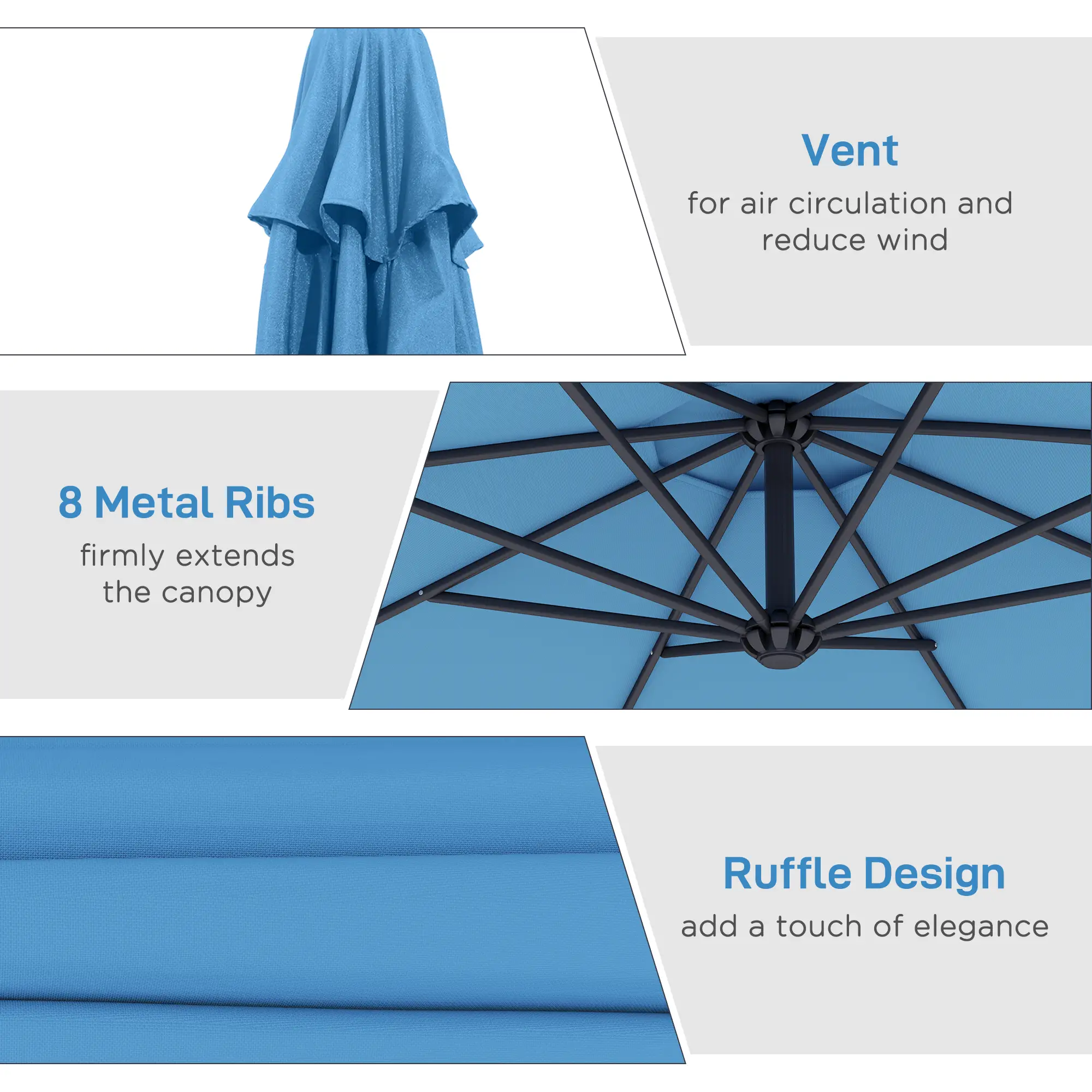 10' Blue Deluxe Patio Umbrella, Offset Sunshade With Crank, Blue - Image 6
