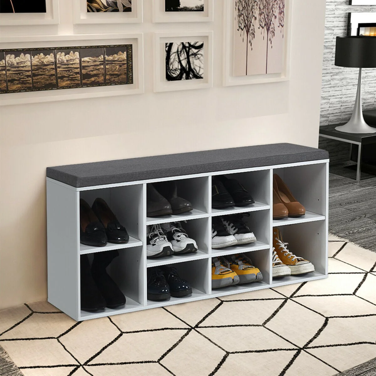 10-Cube Organizer, Entryway Shoe Storage Bench, White - Image 2