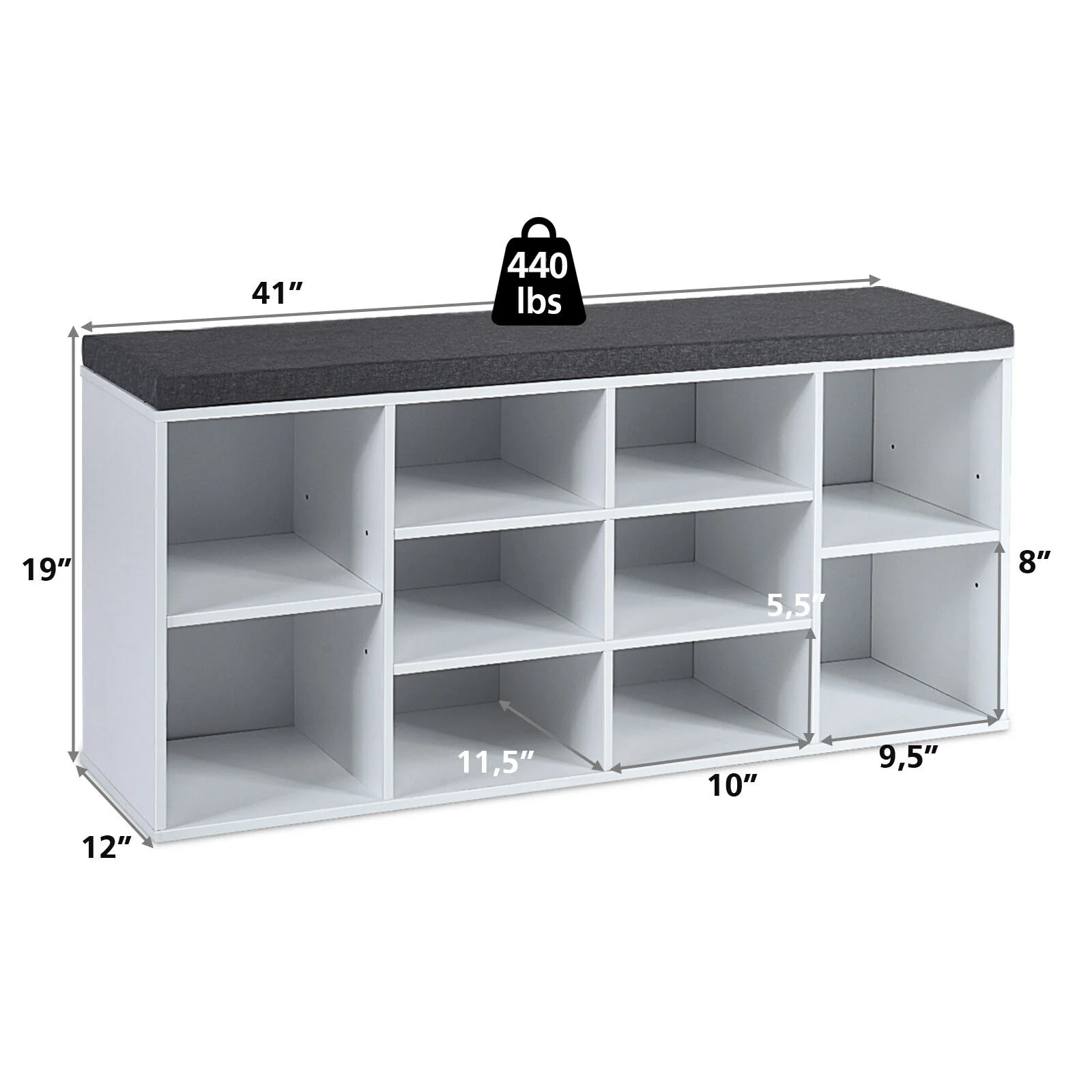 10-Cube Organizer, Entryway Shoe Storage Bench, White - Image 6