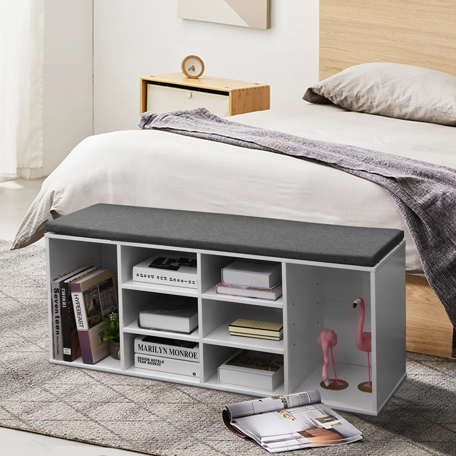 10-Cube Organizer, Entryway Shoe Storage Bench, White - Image 7