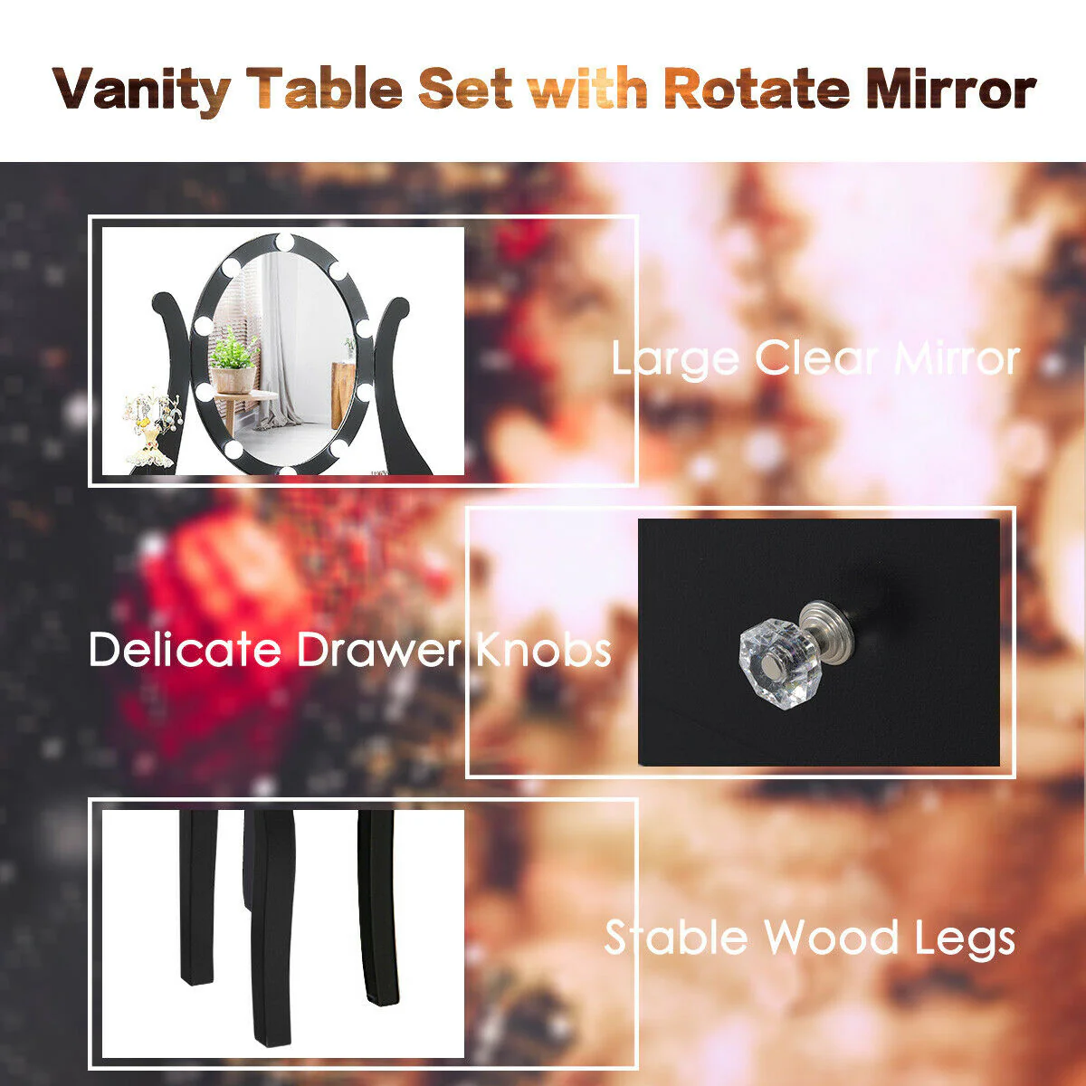 10 Dimmable Lights Vanity Table Set, Lighted Mirror, Cushioned Stool, Black - Image 10