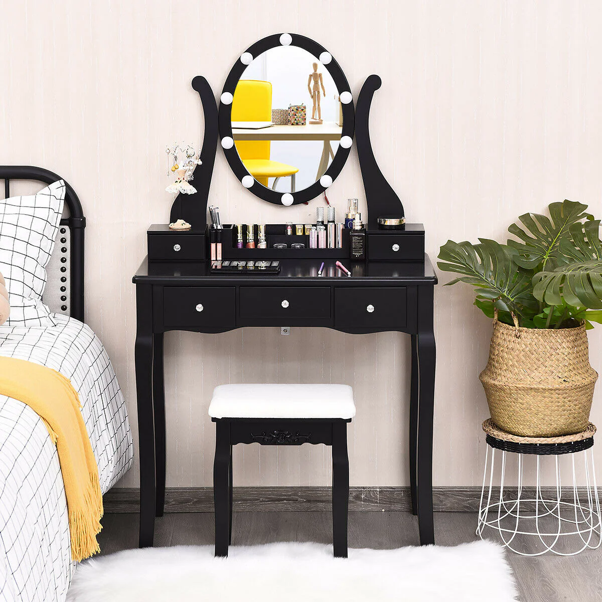 10 Dimmable Lights Vanity Table Set, Lighted Mirror, Cushioned Stool, Black - Image 2