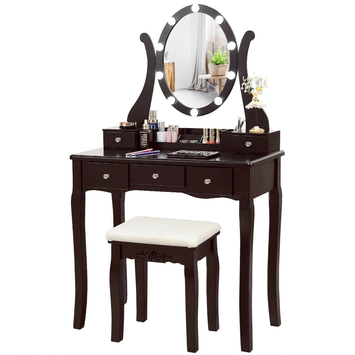 10 Dimmable Lights Vanity Table Set, Lighted Mirror, Cushioned Stool, Brown - Image 10