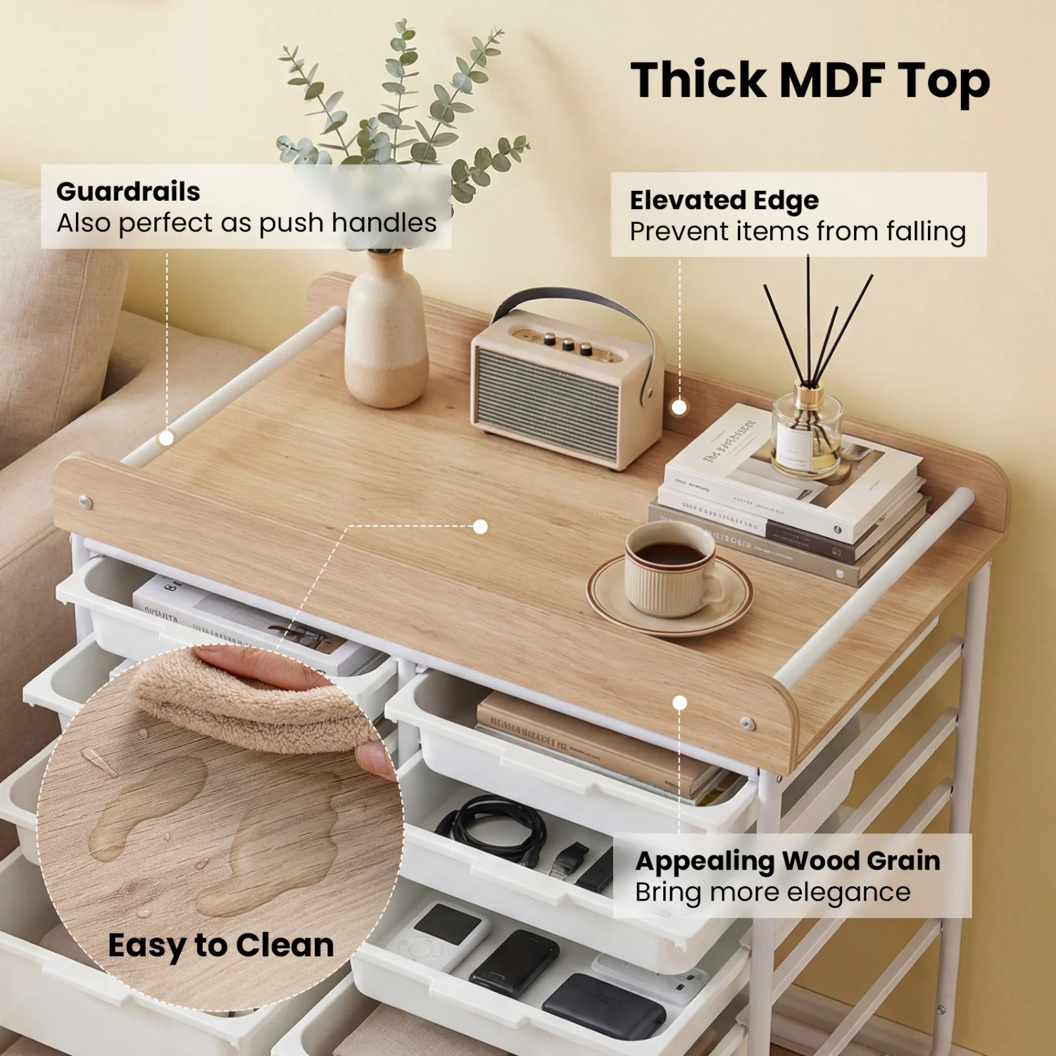 10-Drawer Rolling Cart with Wooden Tabletop and Lockable Wheels for Office, White - Image 10