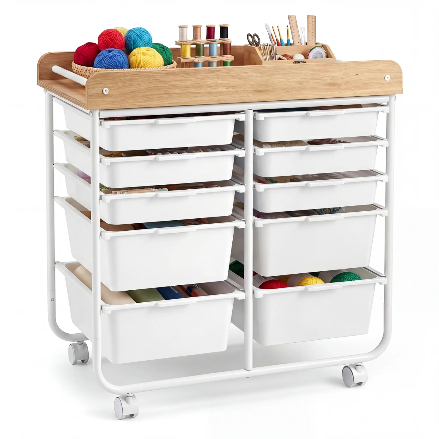 10-Drawer Rolling Cart with Wooden Tabletop and Lockable Wheels for Office, White - Image 4