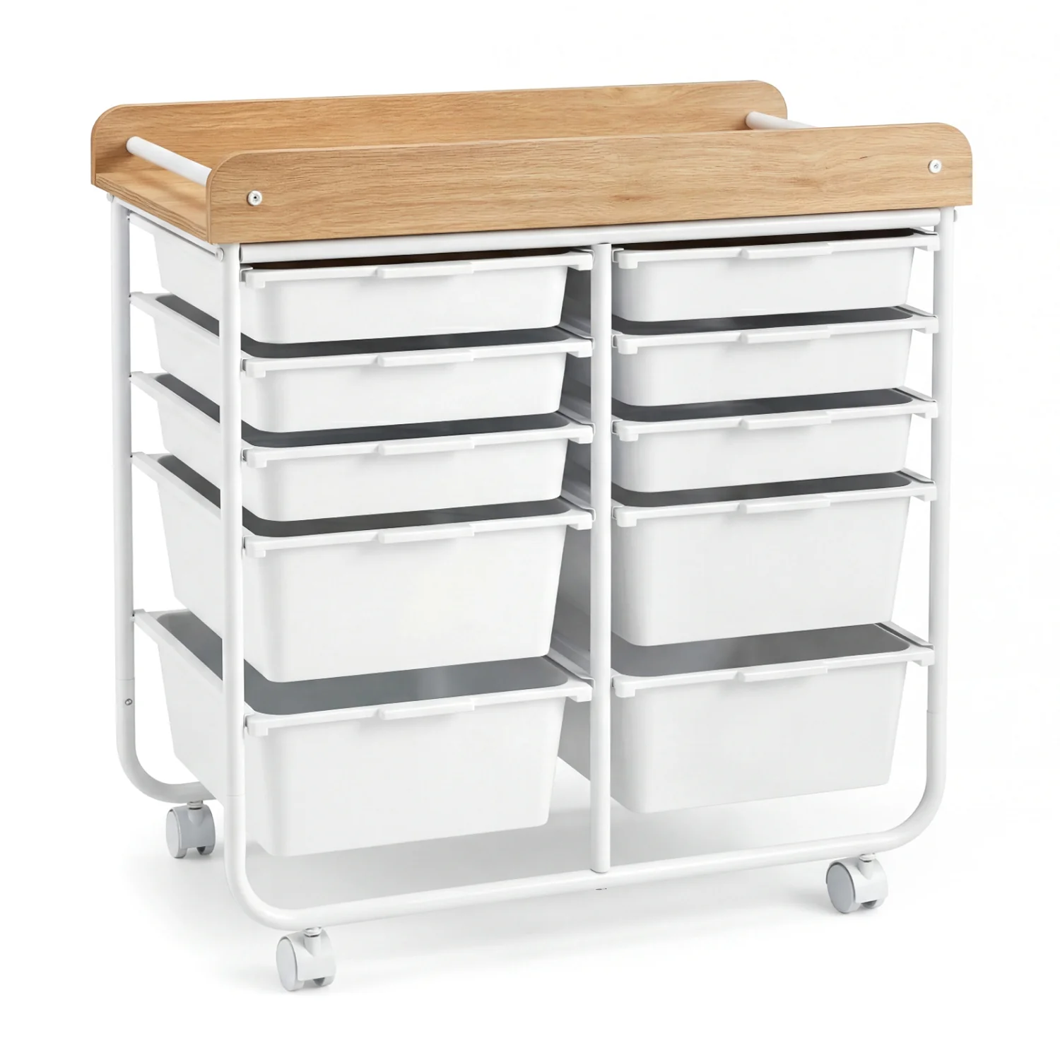 10-Drawer Rolling Cart with Wooden Tabletop and Lockable Wheels for Office, White - Image 5
