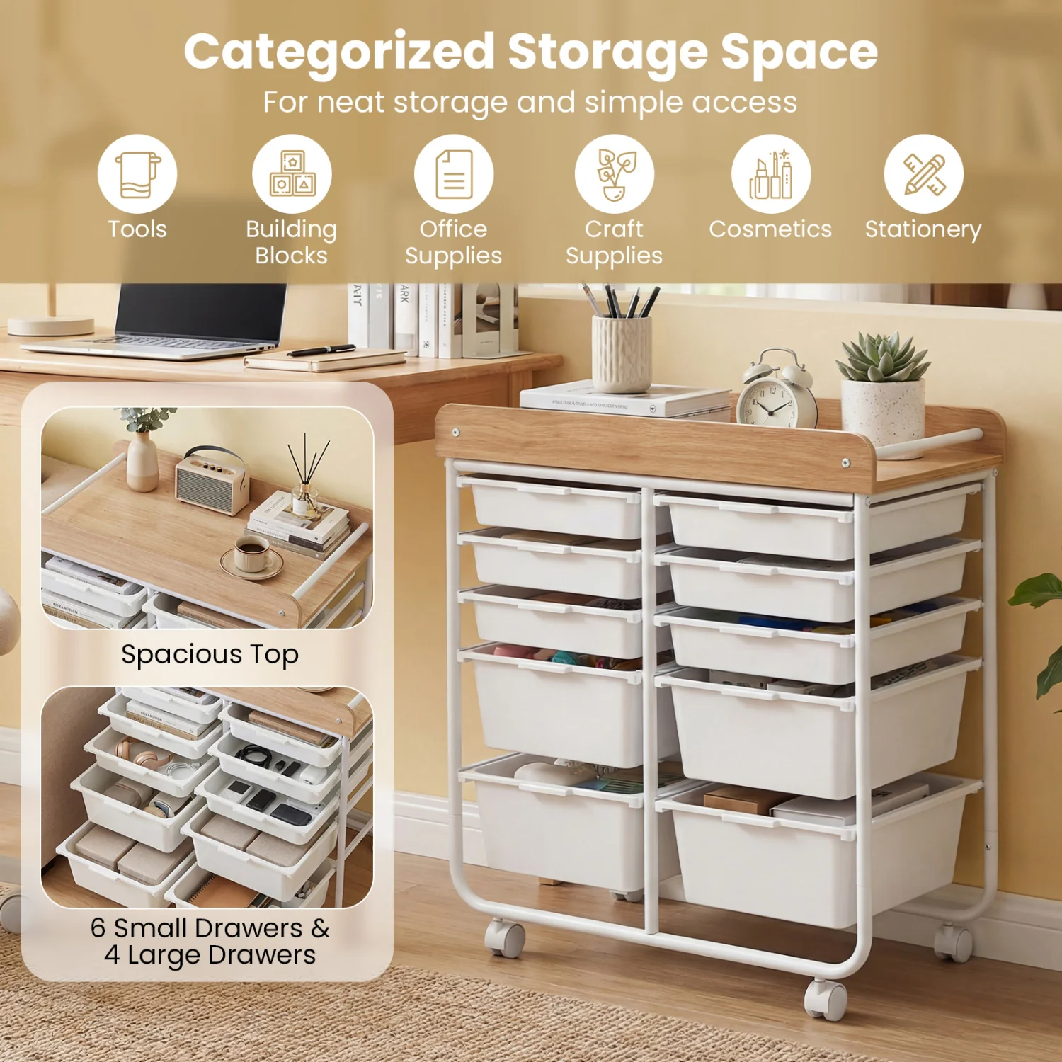 10-Drawer Rolling Cart with Wooden Tabletop and Lockable Wheels for Office, White - Image 8