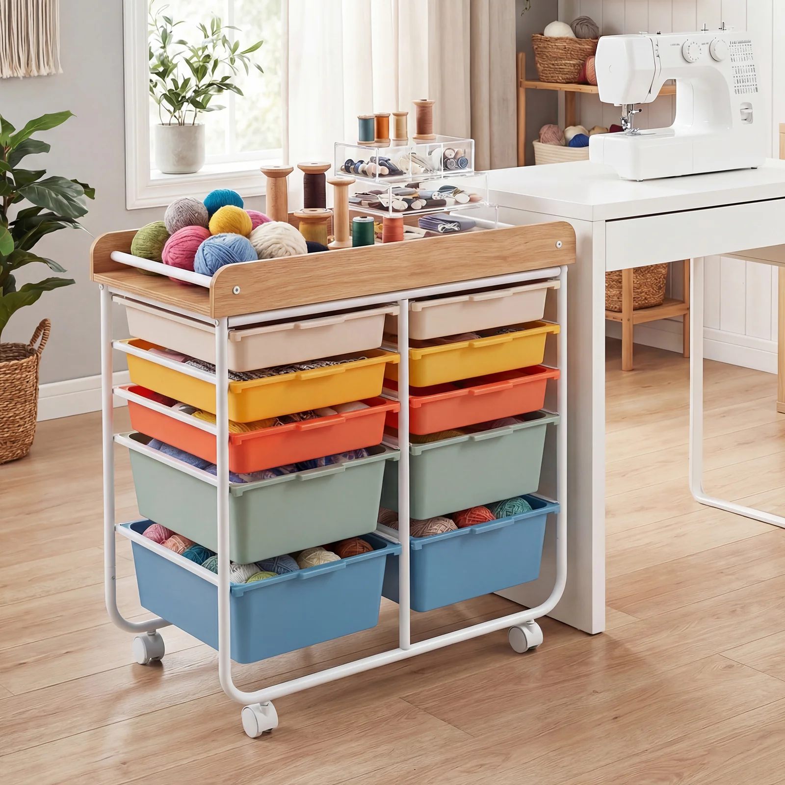 10-Drawer Rolling Cart, Wooden Tabletop, Lockable Wheels, Macaron - Image 2