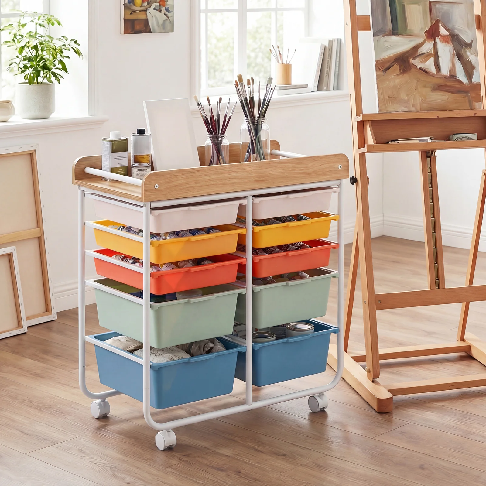 10-Drawer Rolling Cart, Wooden Tabletop, Lockable Wheels, Macaron - Image 7