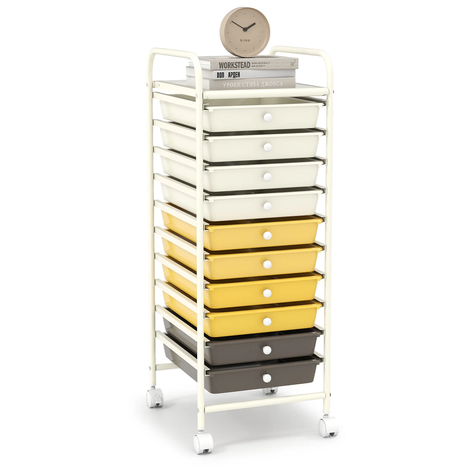 10 Drawer Rolling Storage Cart, 4 Casters, Yellow