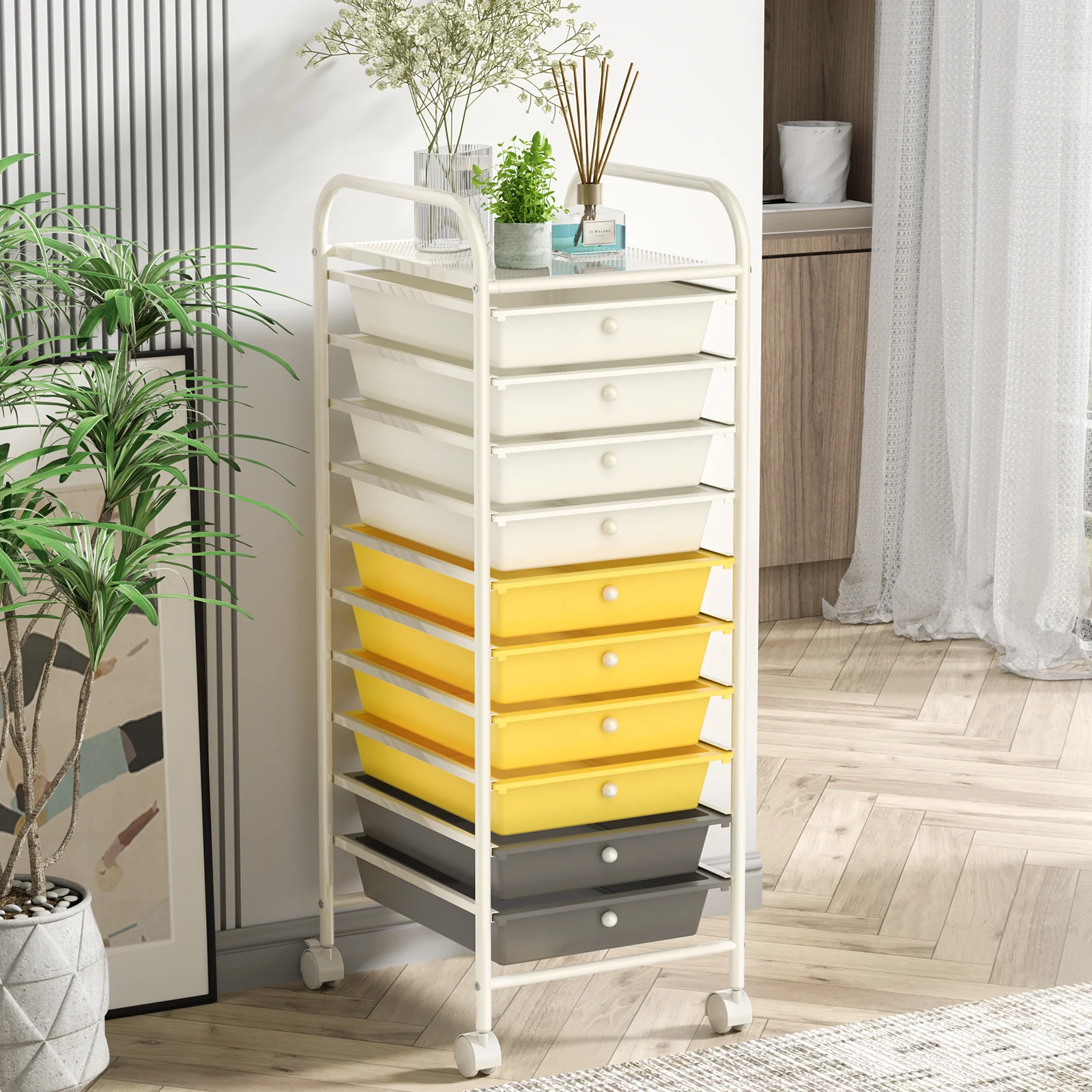 10 Drawer Rolling Storage Cart, 4 Casters, Yellow - Image 10