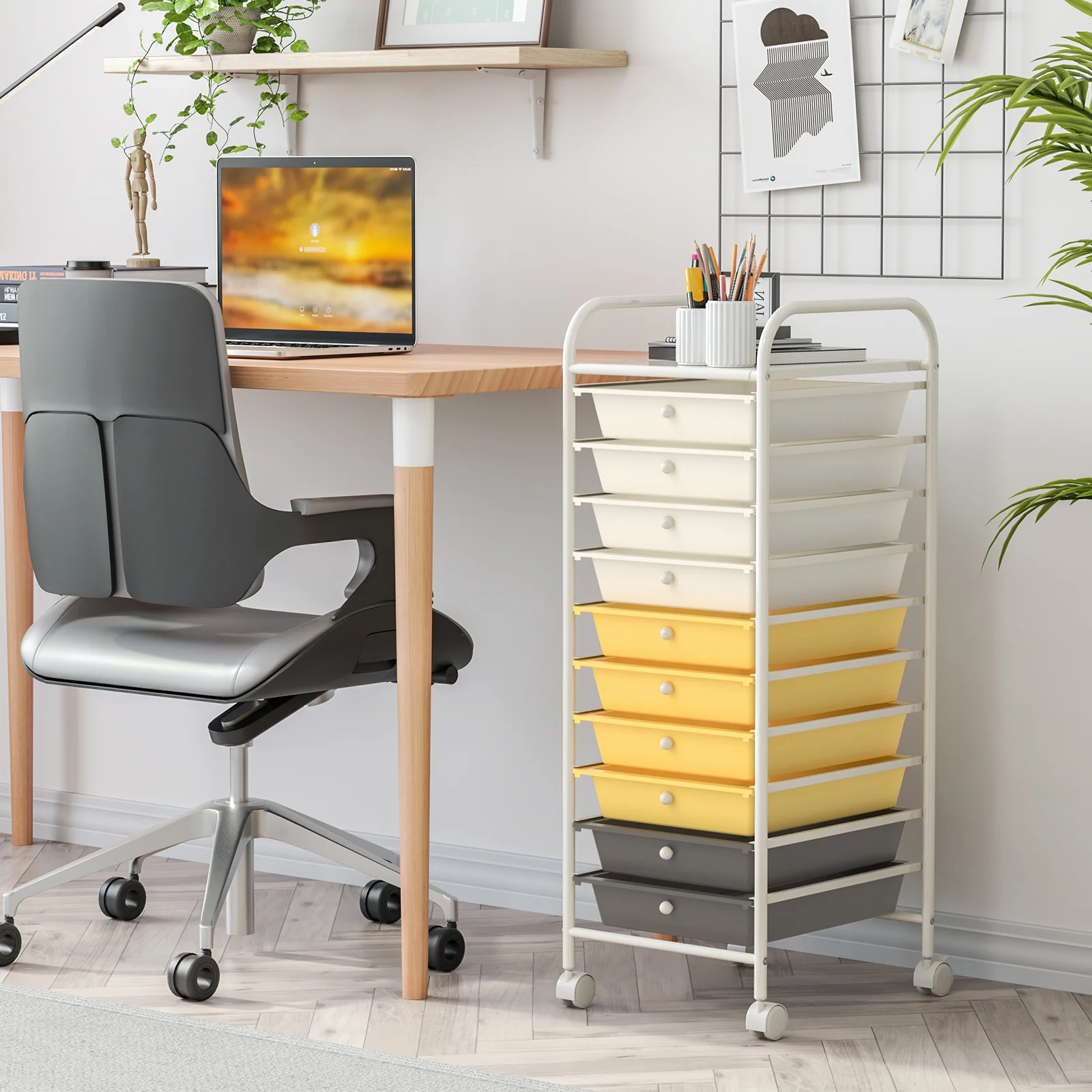 10 Drawer Rolling Storage Cart, 4 Casters, Yellow - Image 2