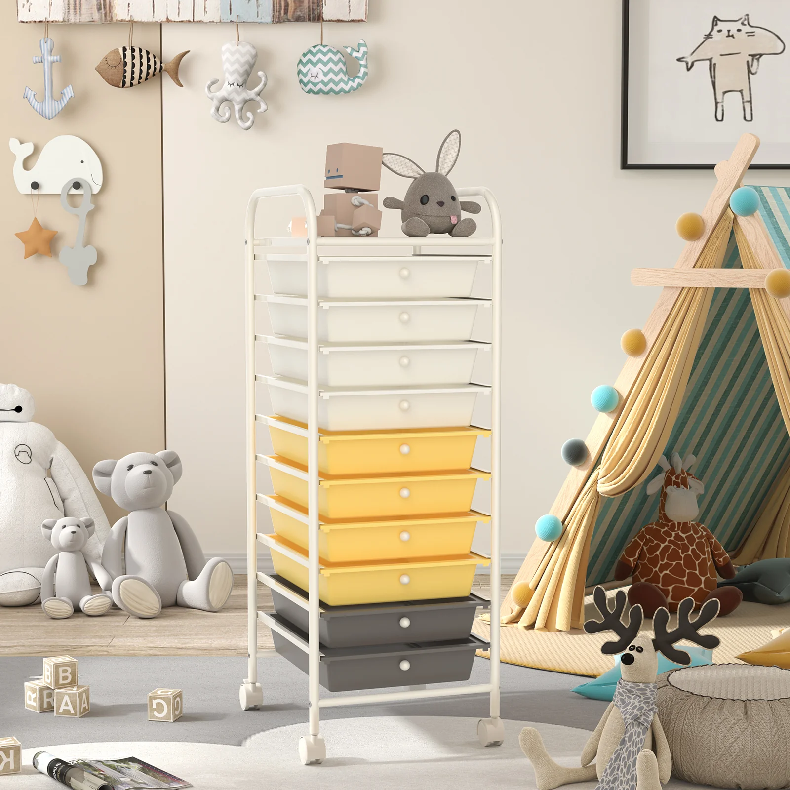 10 Drawer Rolling Storage Cart, 4 Casters, Yellow - Image 3