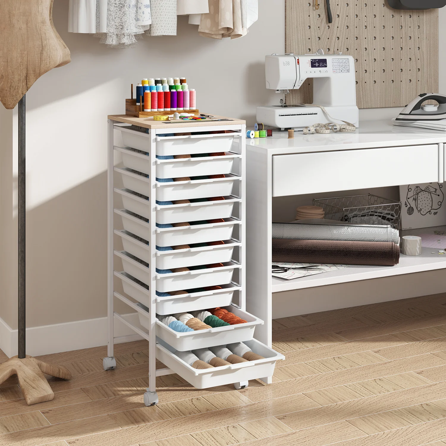 10-Drawer Rolling Storage Cart Mobile Utility Organizer with Wooden Tabletop and Lockable Wheels, White - Image 3