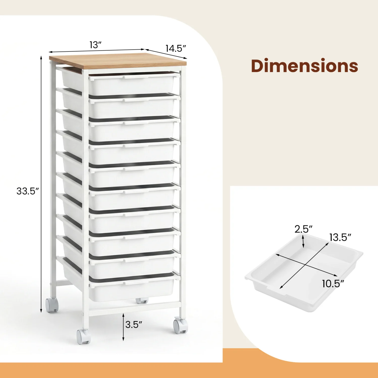 10-Drawer Rolling Storage Cart Mobile Utility Organizer with Wooden Tabletop and Lockable Wheels, White - Image 6