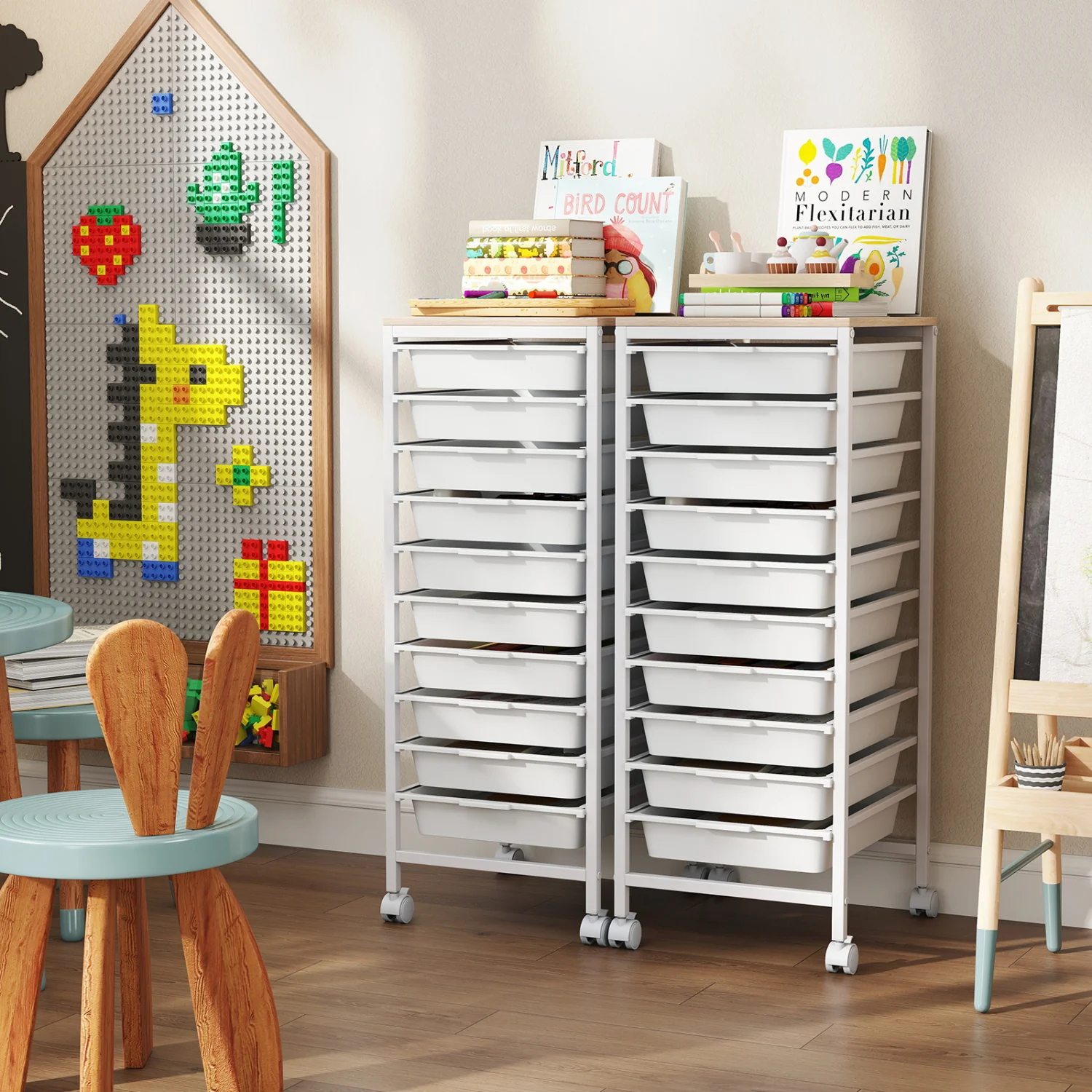 10-Drawer Rolling Storage Cart Mobile Utility Organizer with Wooden Tabletop and Lockable Wheels, White - Image 7