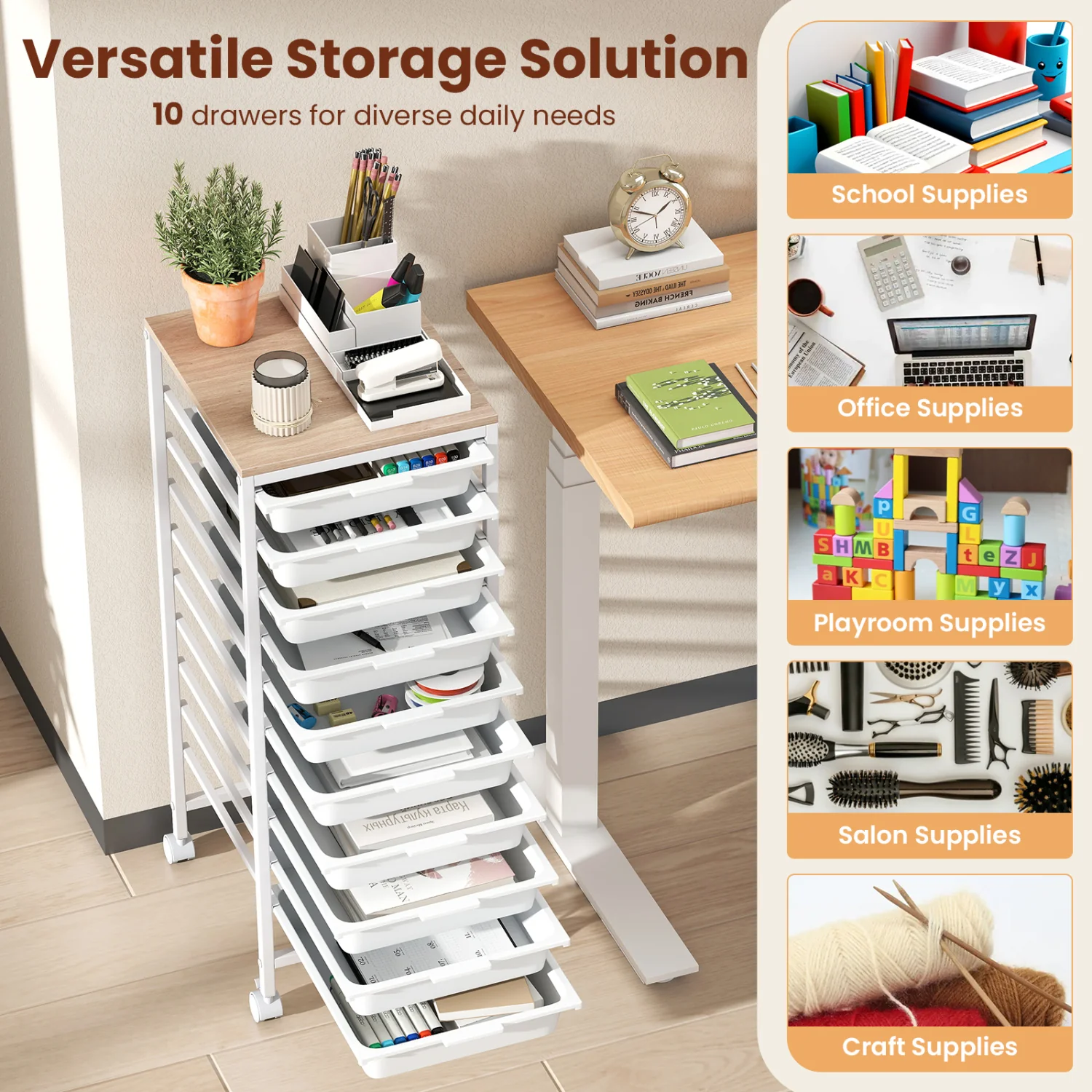 10-Drawer Rolling Storage Cart Mobile Utility Organizer with Wooden Tabletop and Lockable Wheels, White - Image 8