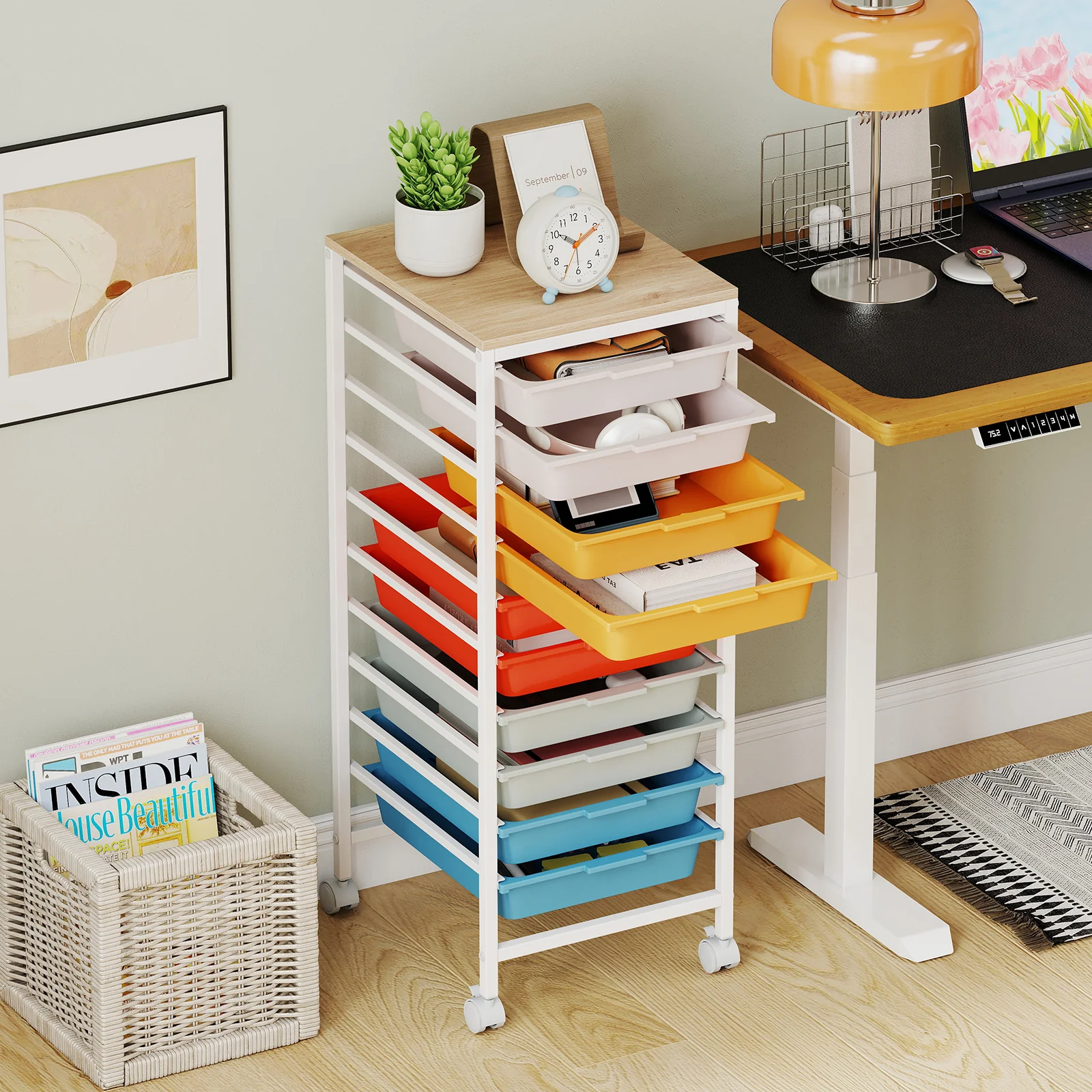 10-Drawer Rolling Storage Cart, Mobile Utility Organizer, Wooden Tabletop, Lockable Wheels, Macaron - Image 2